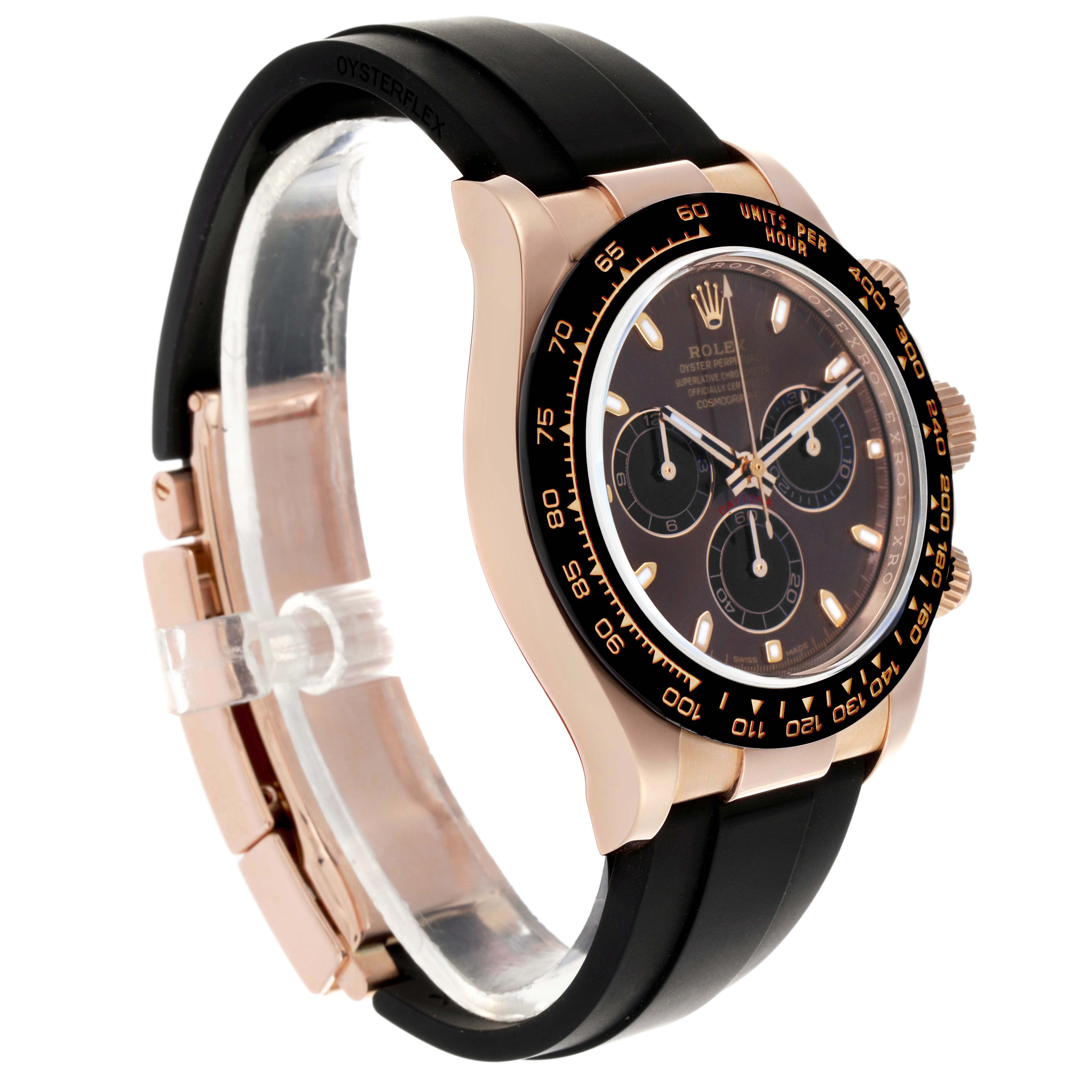 The Rolex Daytona 116515 Men's Rose Gold Brown Dial 116515 Men's Rose Gold Brown Dial is shown at an angle highlighting the rose gold case, black dial, bezel, and Oysterflex strap.