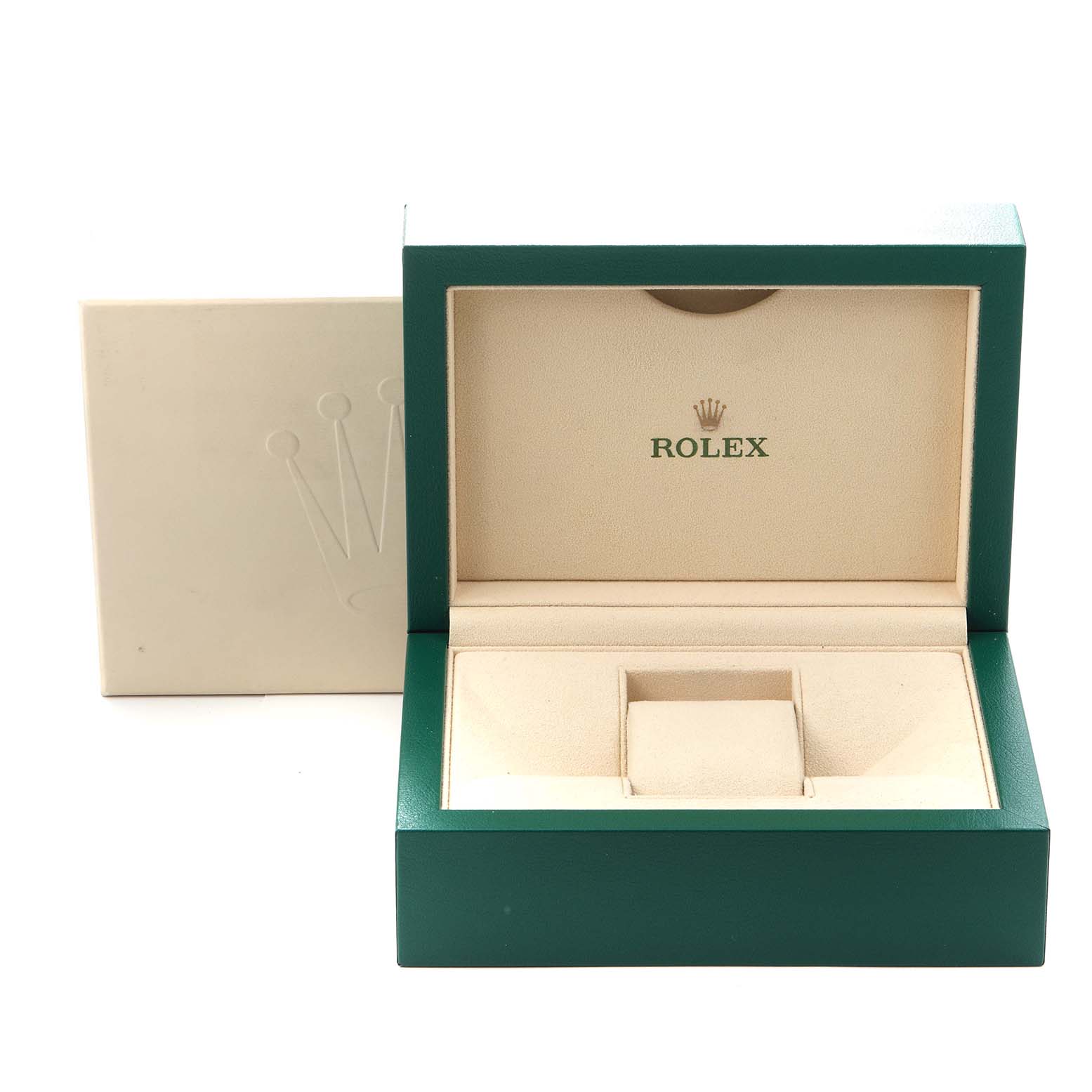 The image shows a Rolex Daytona 116515 Men's Rose Gold Brown Dial 116515 Men's Rose Gold Brown Dial watch box open, revealing its beige interior and green exterior with the logo inside the lid.