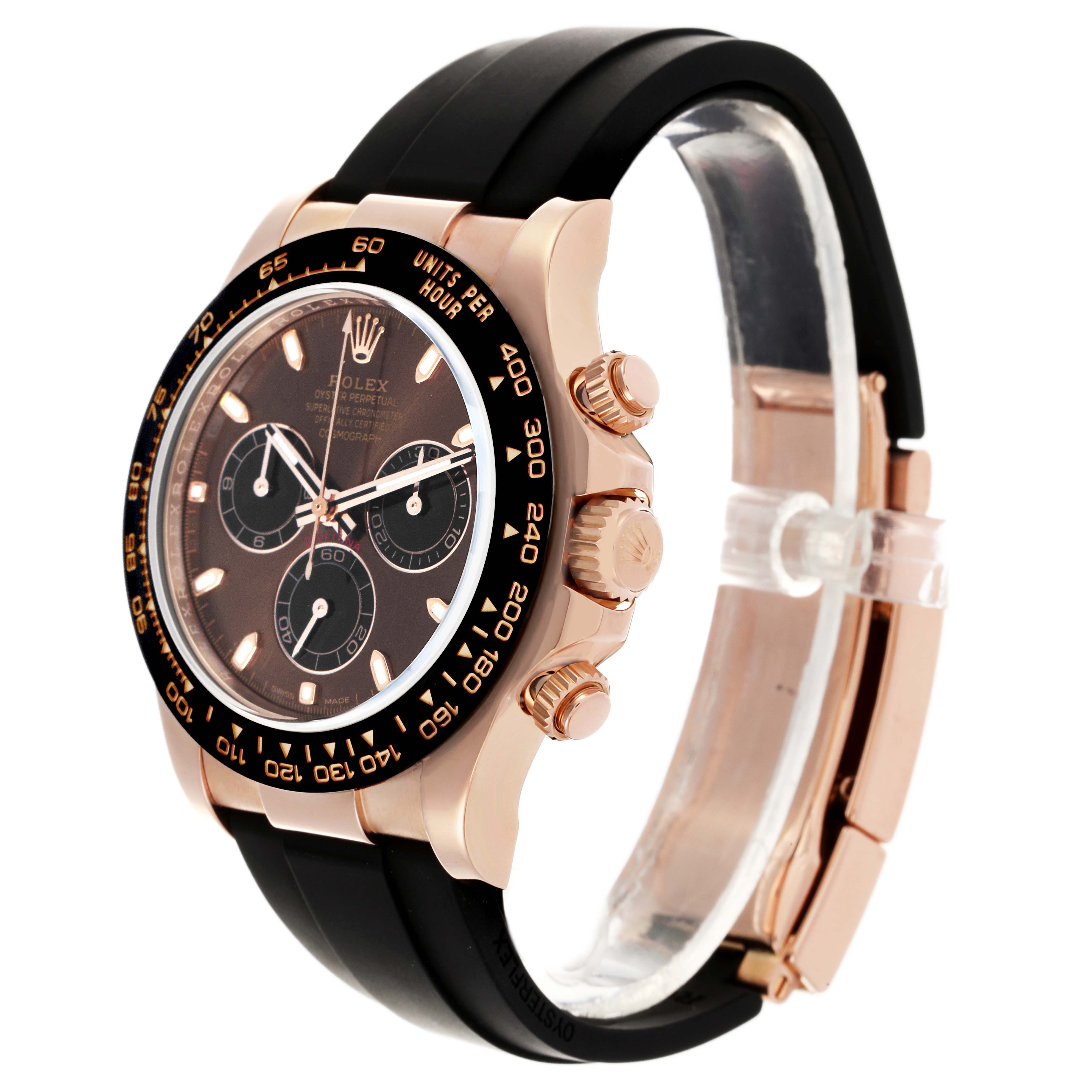 The Rolex Daytona 116515 Men's Rose Gold Brown Dial 116515 Men's Rose Gold Brown Dial watch is shown at a three-quarter angle, displaying the bezel, crown, and strap.
