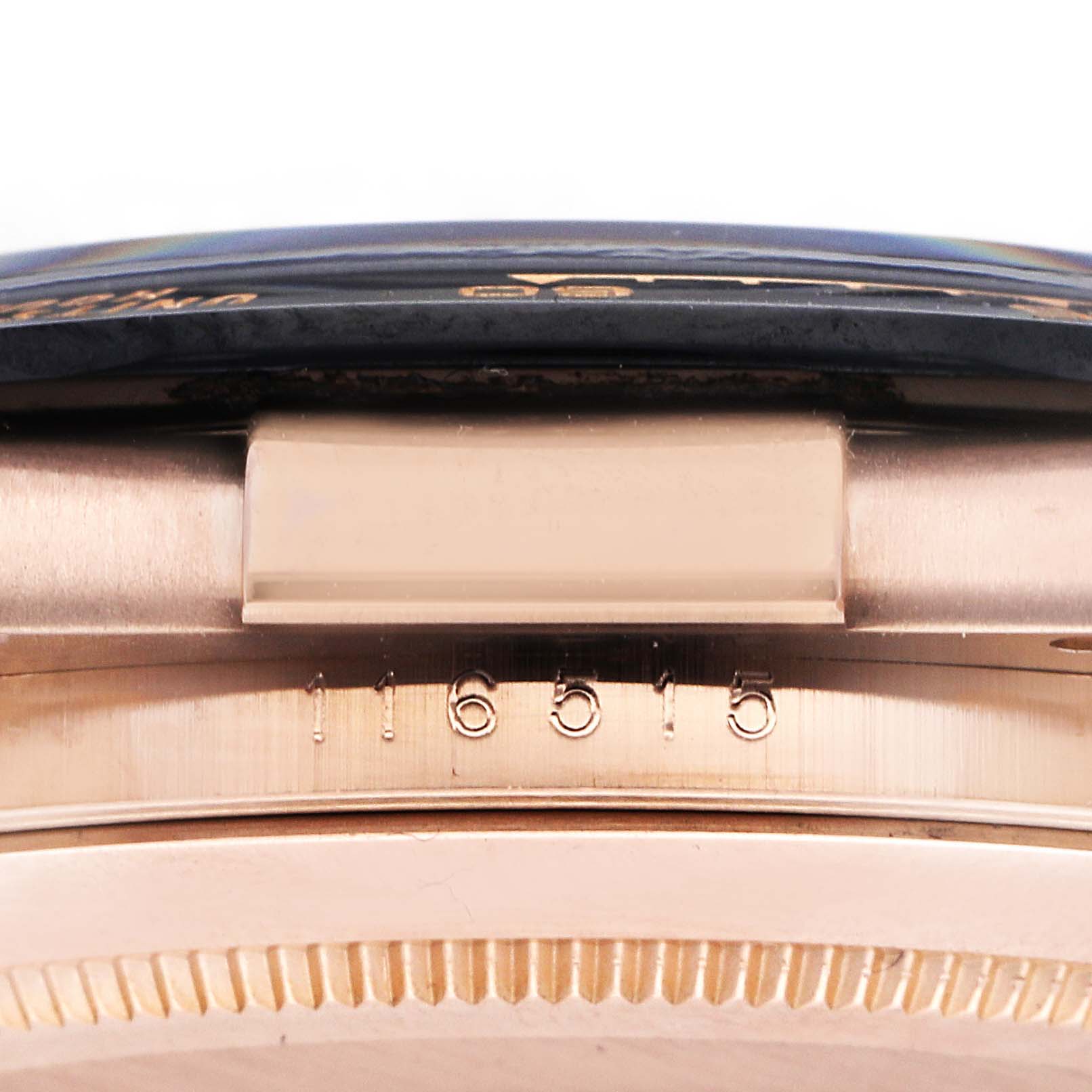 The image shows a side view of a Rolex Daytona 116515 Men's Rose Gold Brown Dial 116515 Men's Rose Gold Brown Dial watch, highlighting the case edge and reference number.