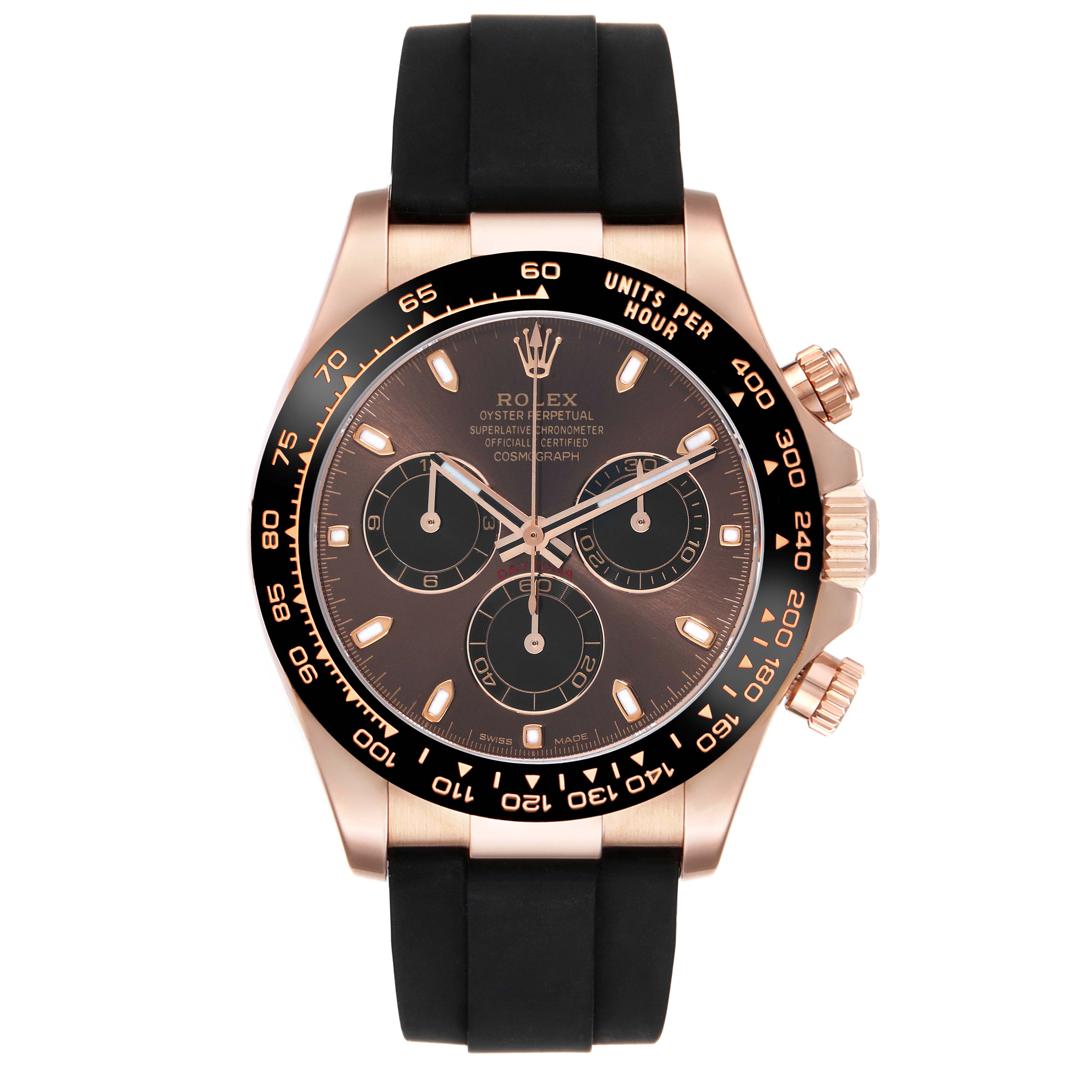 The Rolex Daytona 116515 Men's Rose Gold Brown Dial 116515 Men's Rose Gold Brown Dial watch is shown from the front, displaying the face, bezel, and strap.