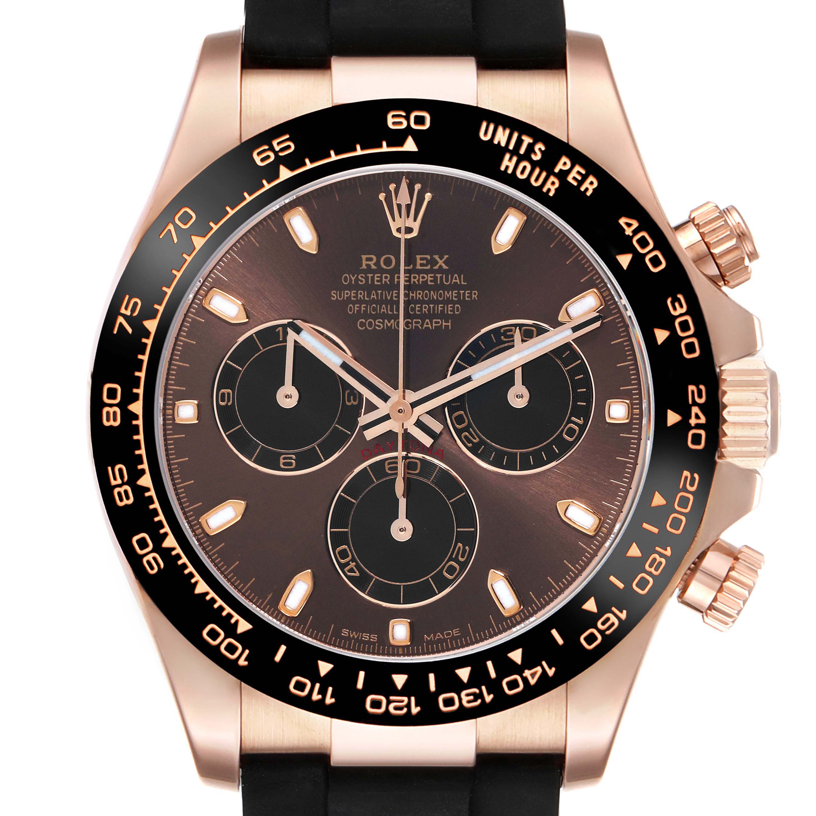 The Rolex Daytona 116515 Men's Rose Gold Brown Dial 116515 Men's Rose Gold Brown Dial is shown from the front, highlighting the dial, bezel, subdials, and crown.