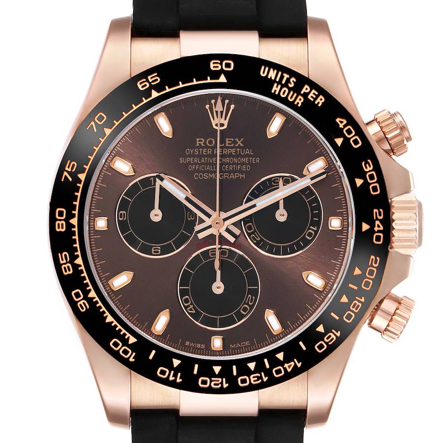 The Rolex Daytona is shown from the front, highlighting the dial, bezel, subdials, and crown.