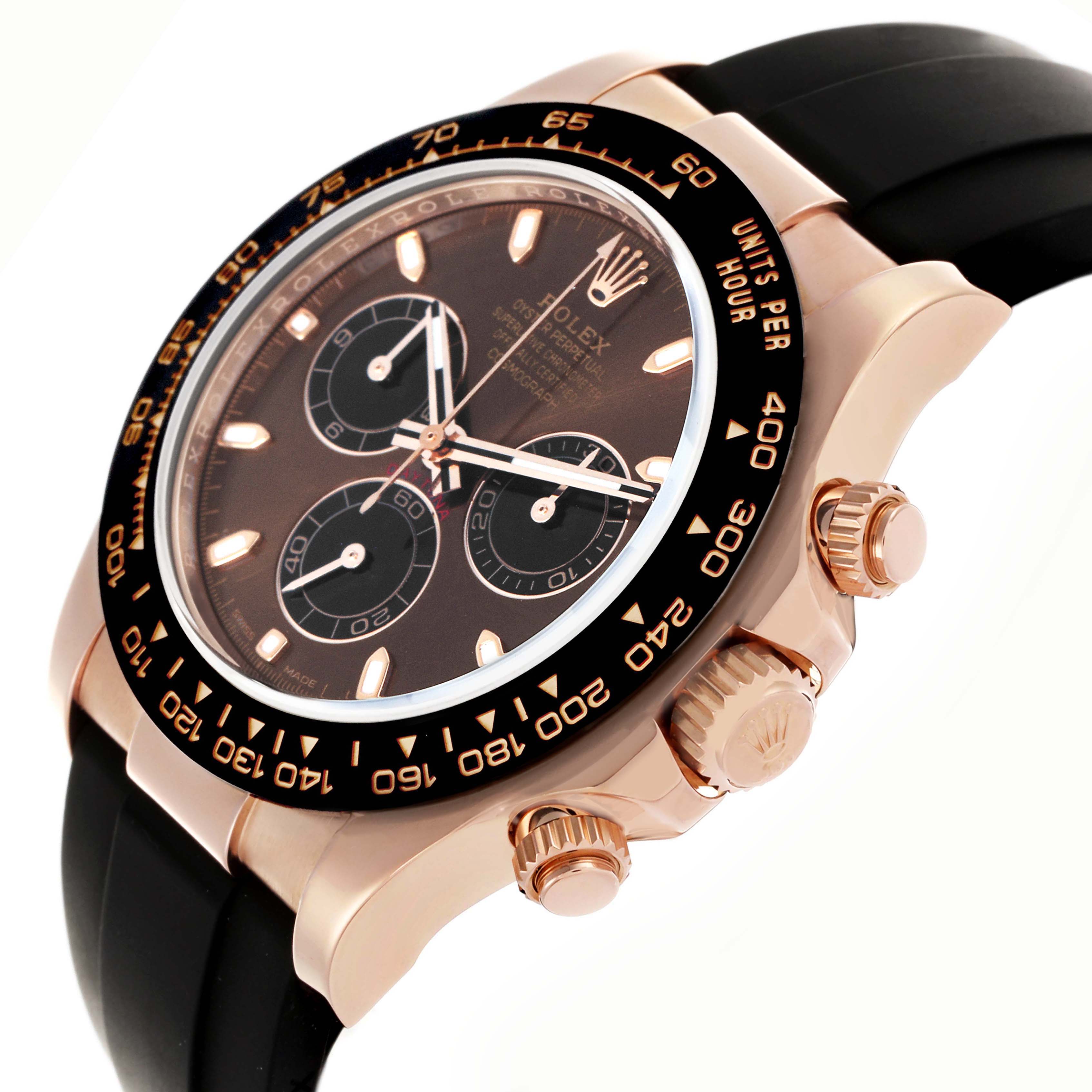 The Rolex Daytona 116515 Men's Rose Gold Brown Dial 116515 Men's Rose Gold Brown Dial watch is shown at an angled side view, highlighting the bezel, crown, and chronograph pushers.