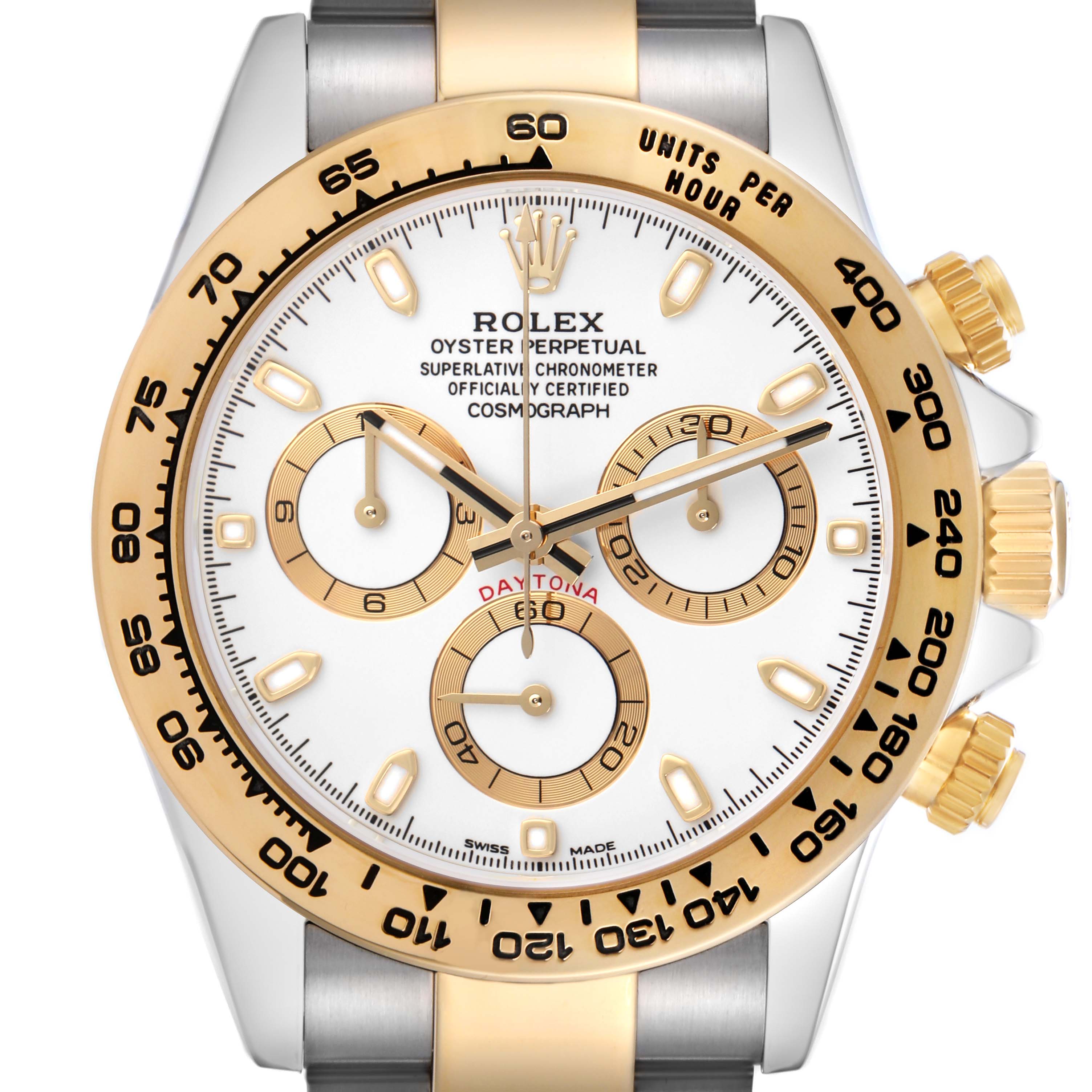 The Rolex Daytona 116503 Men
s Steel and Gold (two tone) White Dial 116503 Men
s Steel and Gold (two tone) White Dial watch is shown from the front, displaying the dial, bezel, and pushers.
