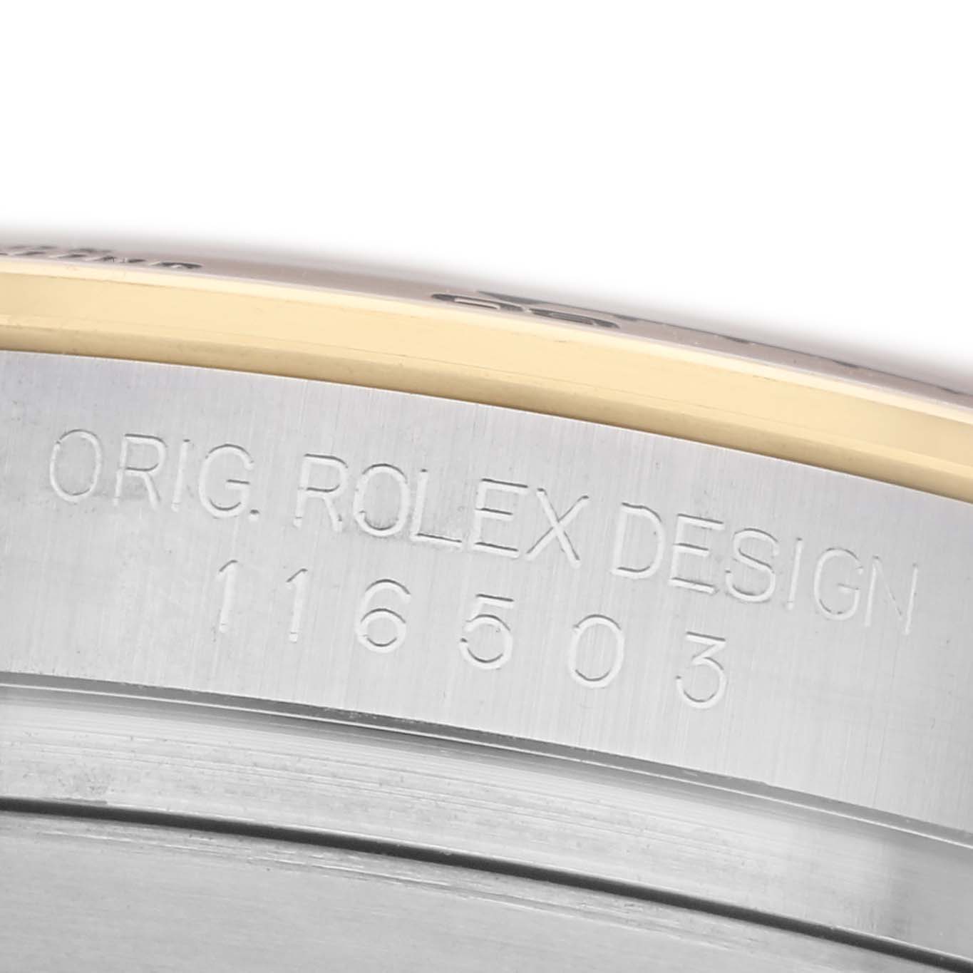 The image shows a close-up of the bezel and case side of a Rolex Daytona 116503 Men
s Steel and Gold (two tone) White Dial 116503 Men
s Steel and Gold (two tone) White Dial, highlighting the engraved model number.