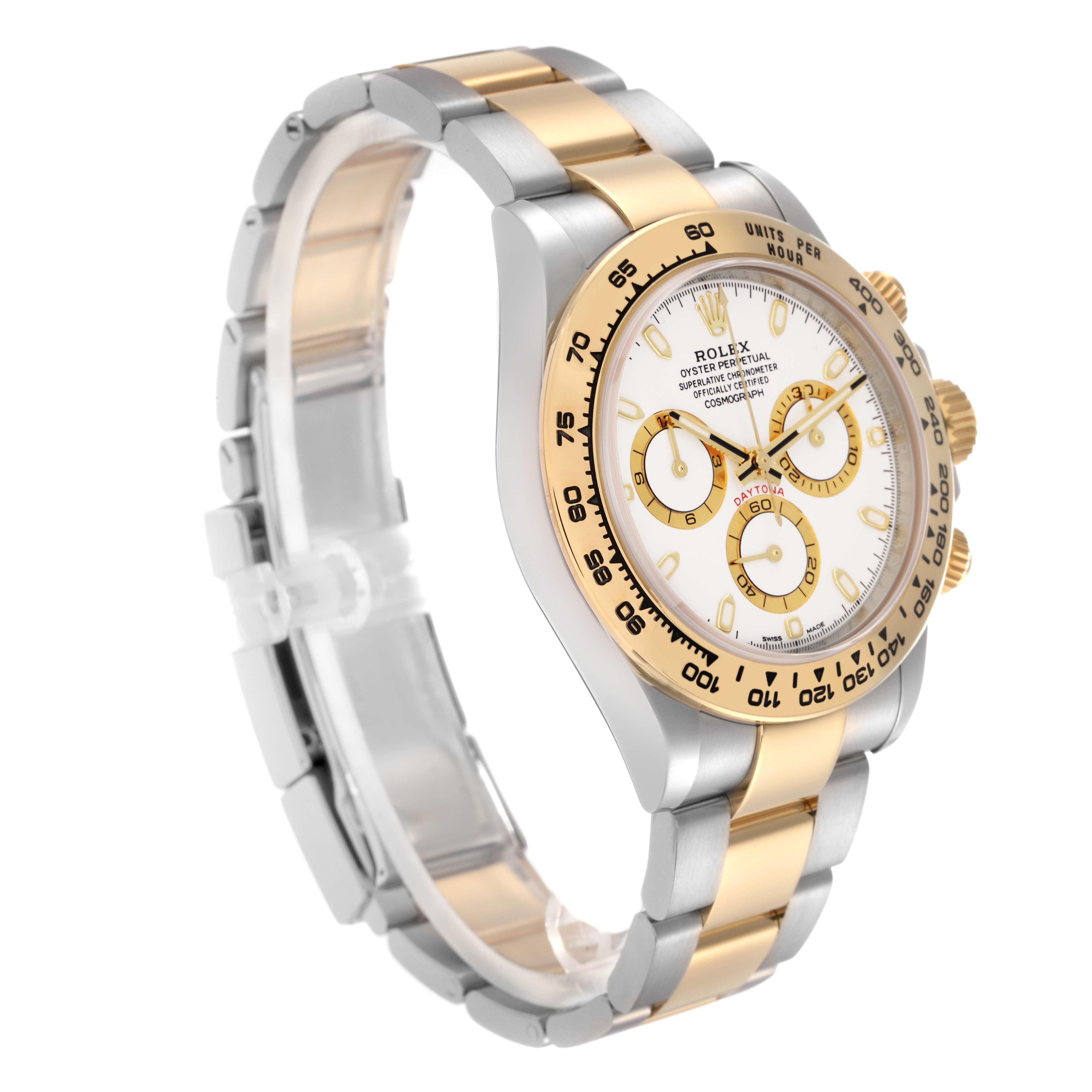 This Rolex Daytona 116503 Men
s Steel and Gold (two tone) White Dial 116503 Men
s Steel and Gold (two tone) White Dial watch is shown at a slight angle displaying the face, bezel, case, and bracelet.