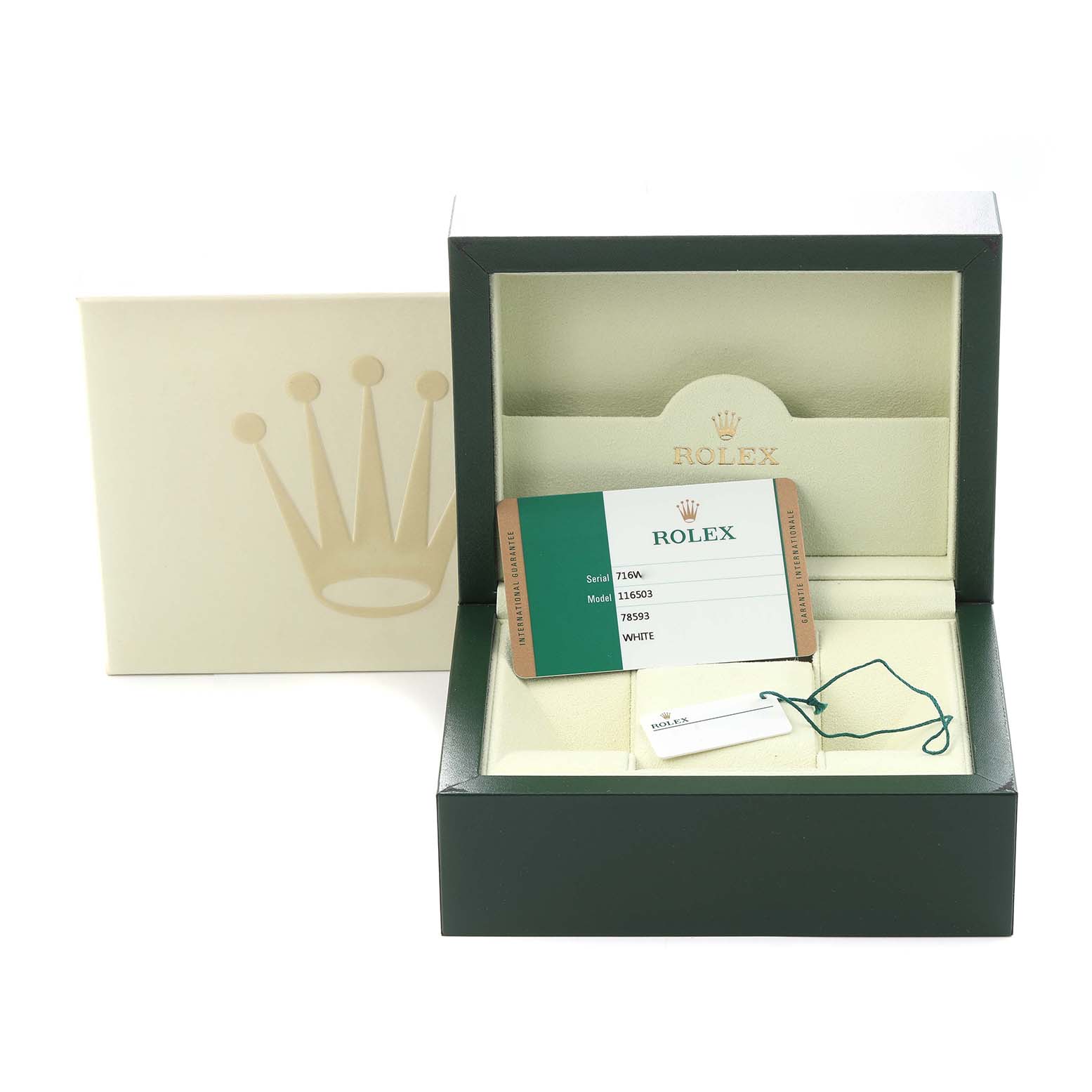 The image shows a Rolex Daytona 116503 Men
s Steel and Gold (two tone) White Dial 116503 Men
s Steel and Gold (two tone) White Dial watch box with paperwork and tags, viewed from the front.