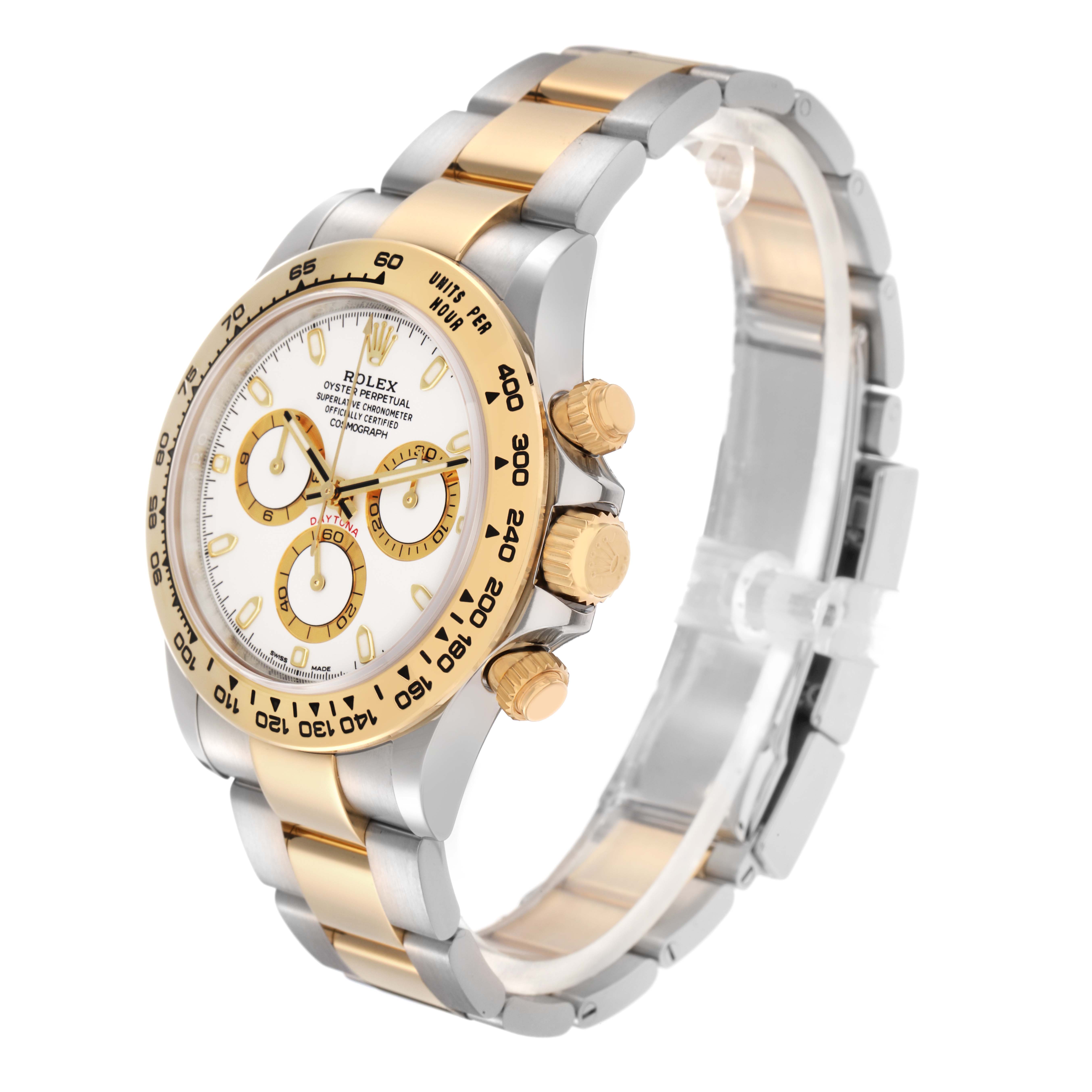 The Rolex Daytona 116503 Men
s Steel and Gold (two tone) White Dial 116503 Men
s Steel and Gold (two tone) White Dial watch is shown at a three-quarter angle, highlighting the dial, bezel, pushers, and two-tone bracelet.