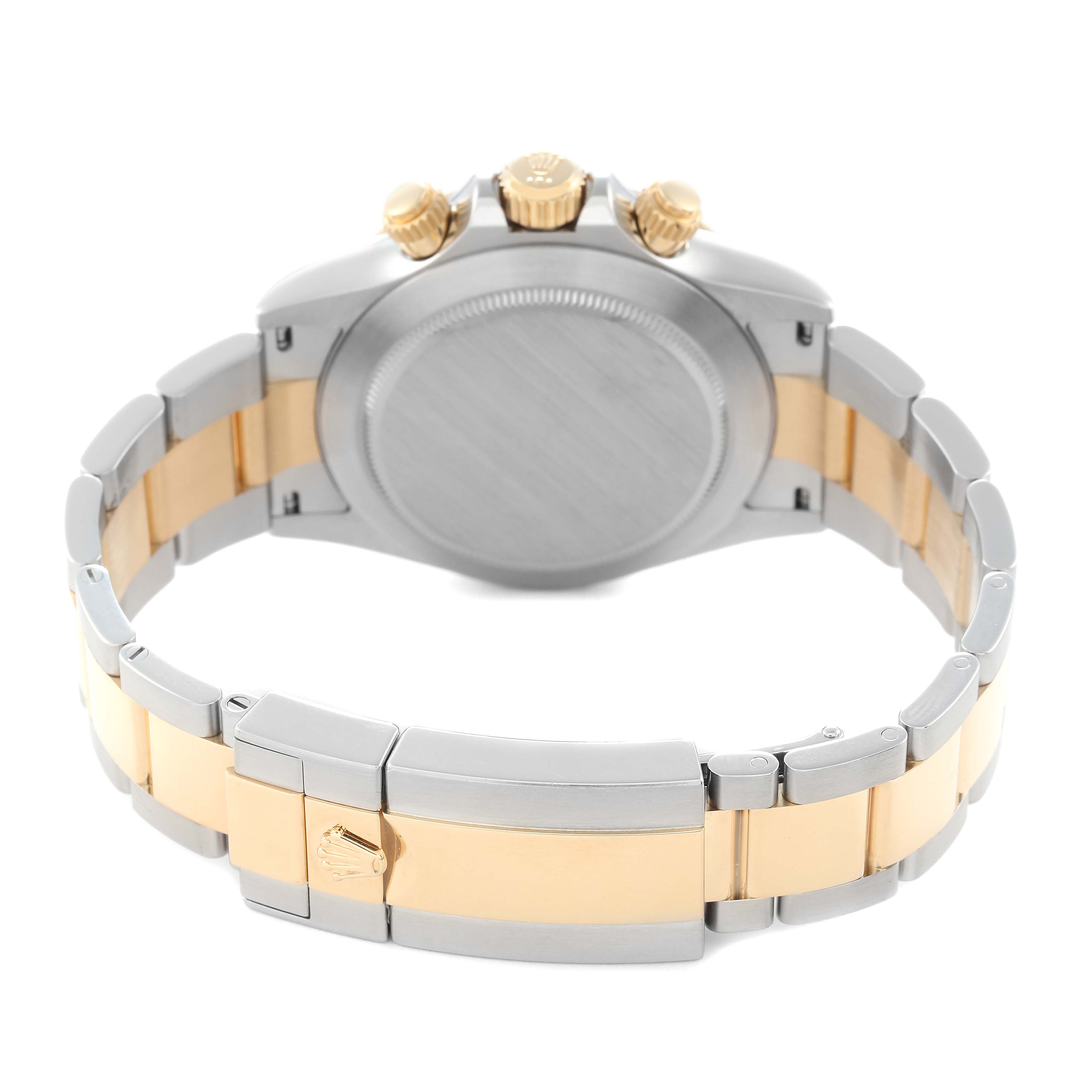 The image shows a Rolex Daytona 116503 Men
s Steel and Gold (two tone) White Dial 116503 Men
s Steel and Gold (two tone) White Dial watch from the back, highlighting the clasp, bracelet, and case back.