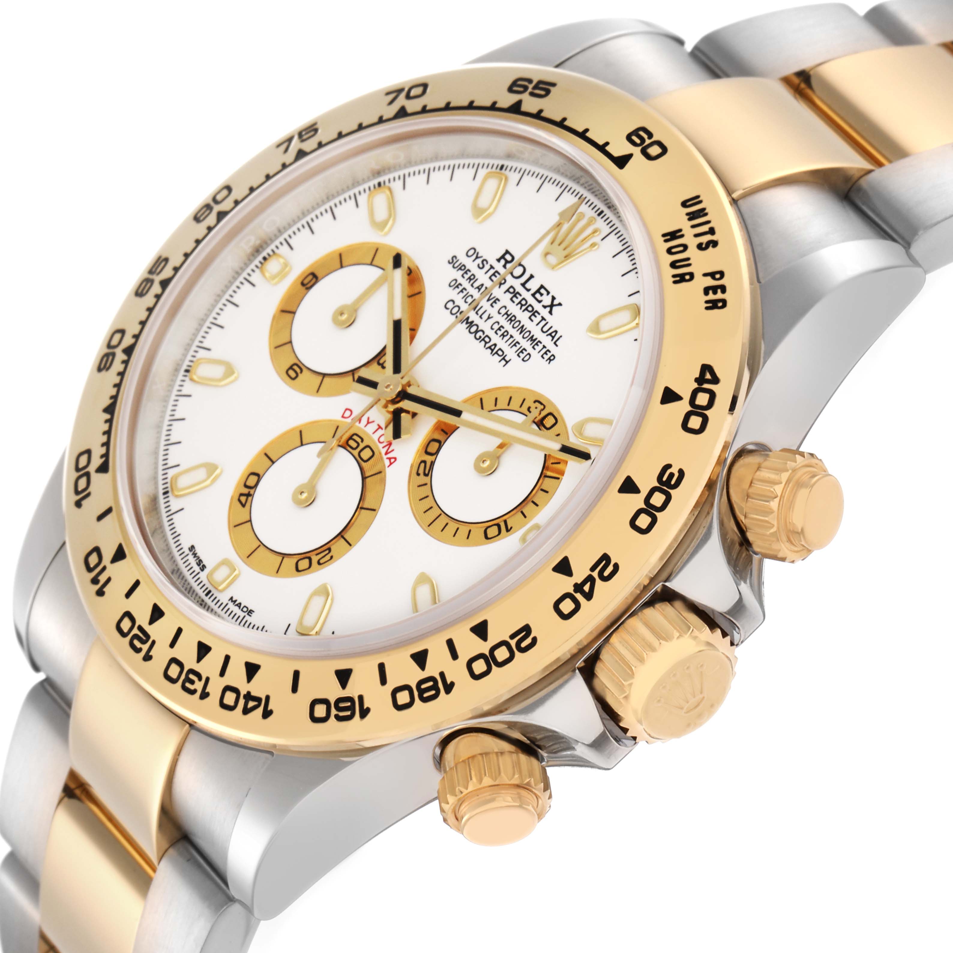 The Rolex Daytona 116503 Men
s Steel and Gold (two tone) White Dial 116503 Men
s Steel and Gold (two tone) White Dial watch is shown at an angle highlighting the bezel, crown, pushers, and part of the bracelet.