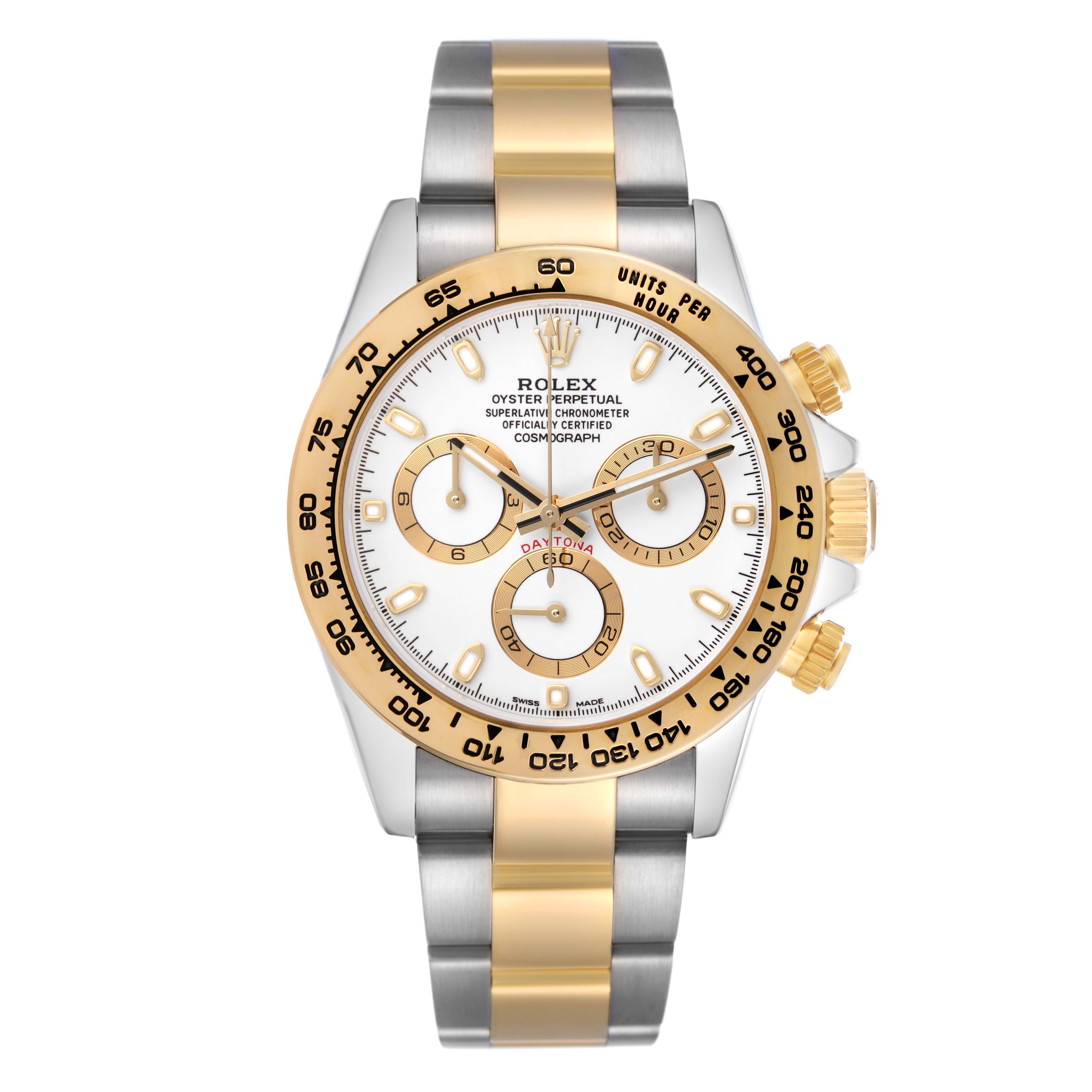 The Rolex Daytona 116503 Men
s Steel and Gold (two tone) White Dial 116503 Men
s Steel and Gold (two tone) White Dial watch is shown from the front, detailing its gold and silver bracelet and chronograph dials.