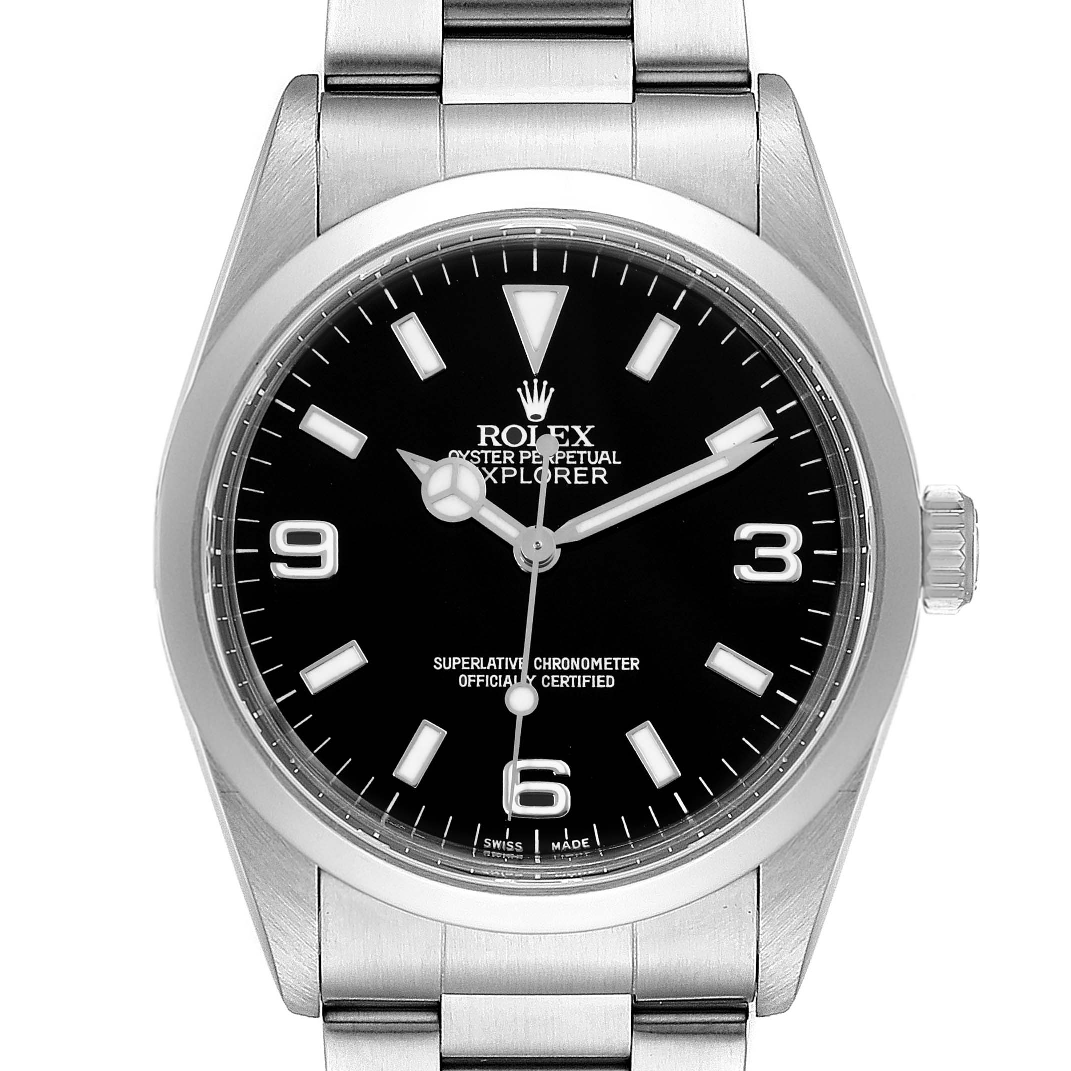 The Rolex Explorer 14270 Men's Stainless Steel Black Dial 14270 Men's Stainless Steel Black Dial watch is shown from the front, displaying its dial, hands, crown, and part of the bracelet.