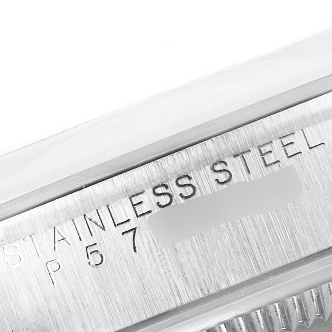 The image shows a close-up of the side engraving on a stainless steel Rolex Explorer 14270 Men's Stainless Steel Black Dial 14270 Men's Stainless Steel Black Dial watch.