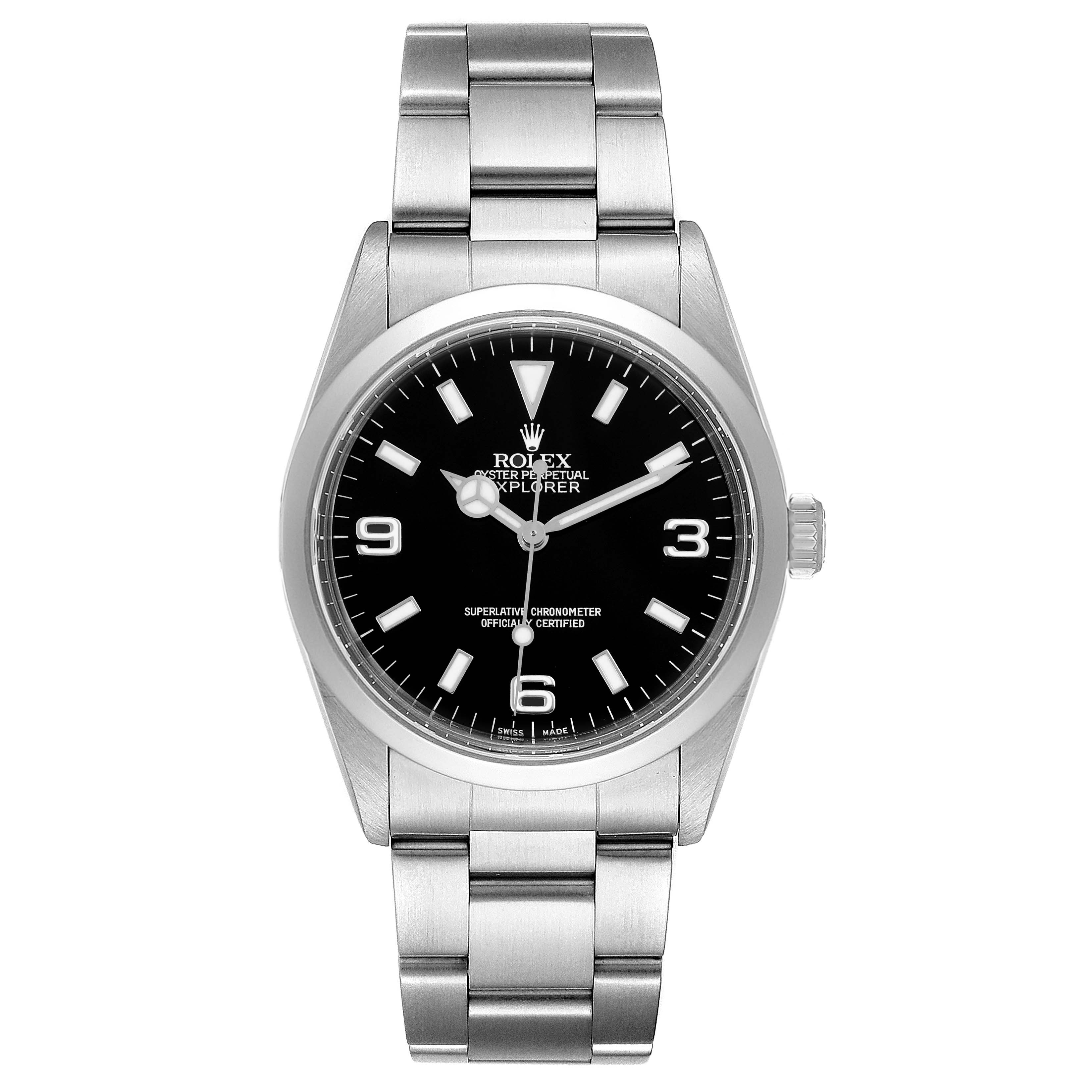 The image shows a front view of a Rolex Explorer 14270 Men's Stainless Steel Black Dial 14270 Men's Stainless Steel Black Dial watch, including the dial, bezel, and bracelet.