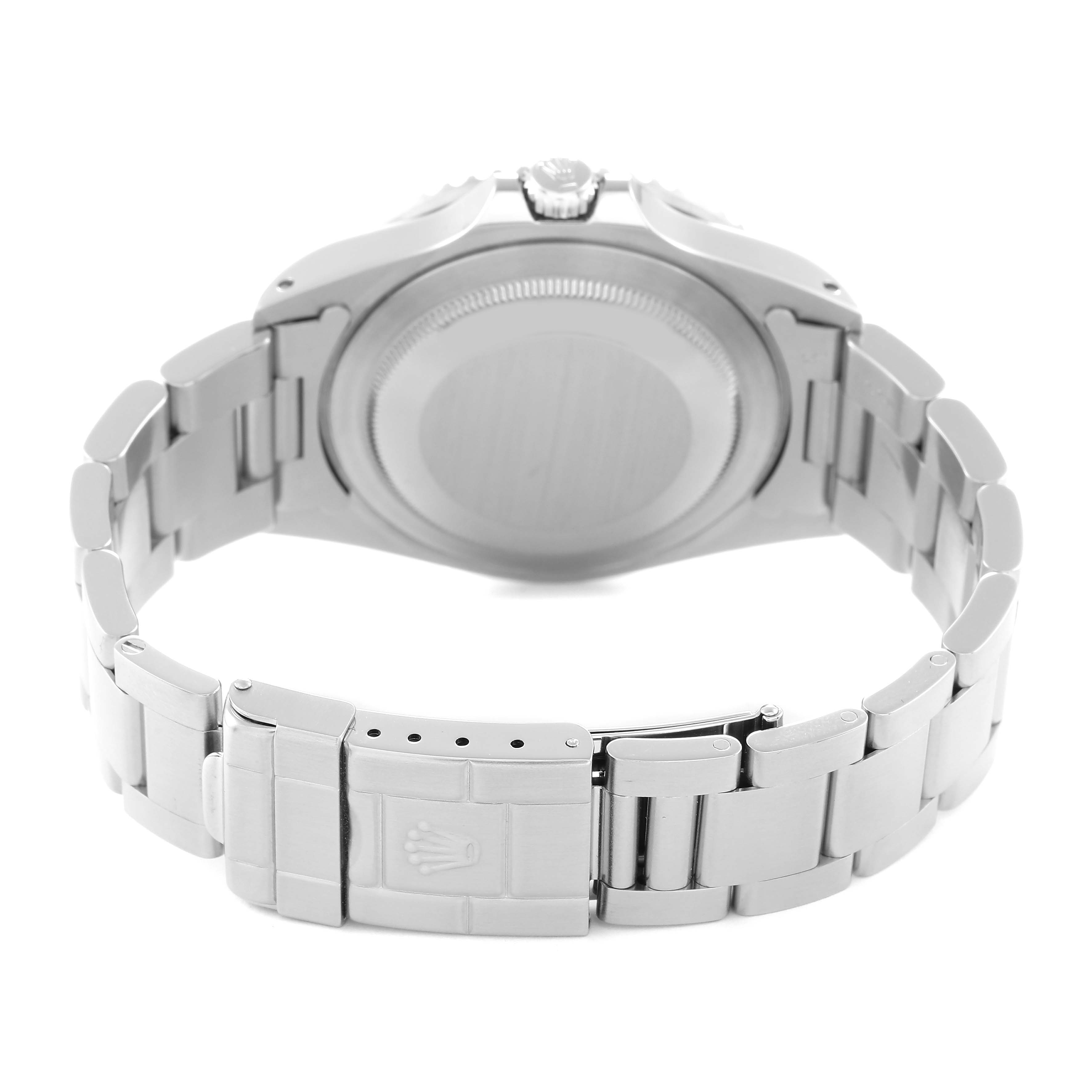 The image shows the back view of a Rolex GMT-Master 16700 Men
s Stainless Steel Black Dial 16700 Men
s Stainless Steel Black Dial, highlighting the case back and bracelet with a clasp.