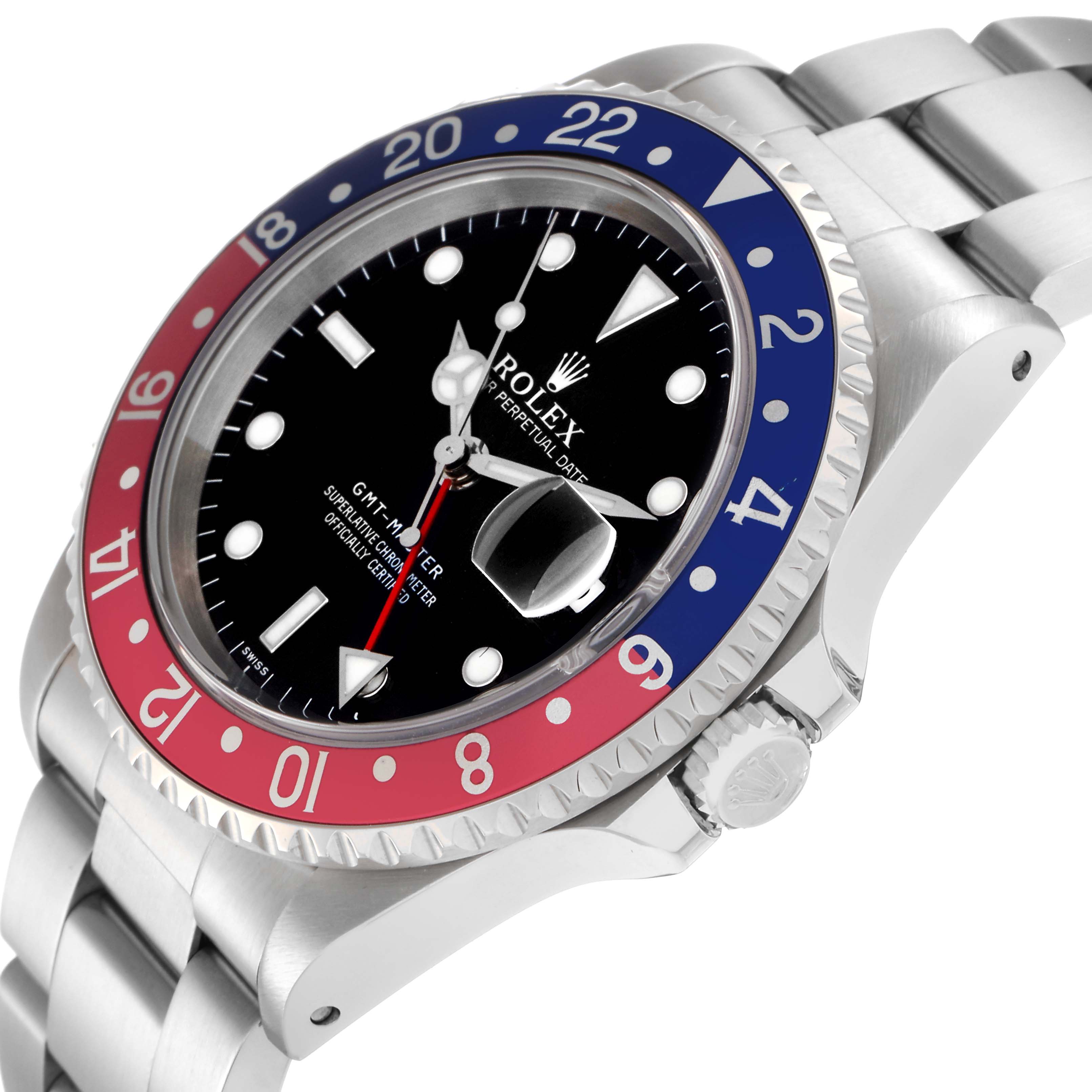 The Rolex GMT-Master 16700 Men
s Stainless Steel Black Dial 16700 Men
s Stainless Steel Black Dial watch is shown at an angled side view, highlighting the bezel, dial, and part of the bracelet.