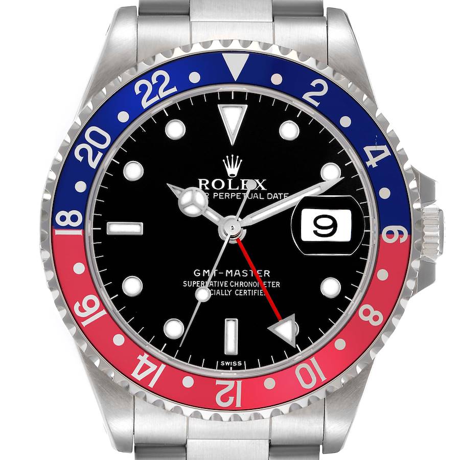 The image shows a front view of the Rolex GMT-Master, highlighting the bezel, dial, and date window.