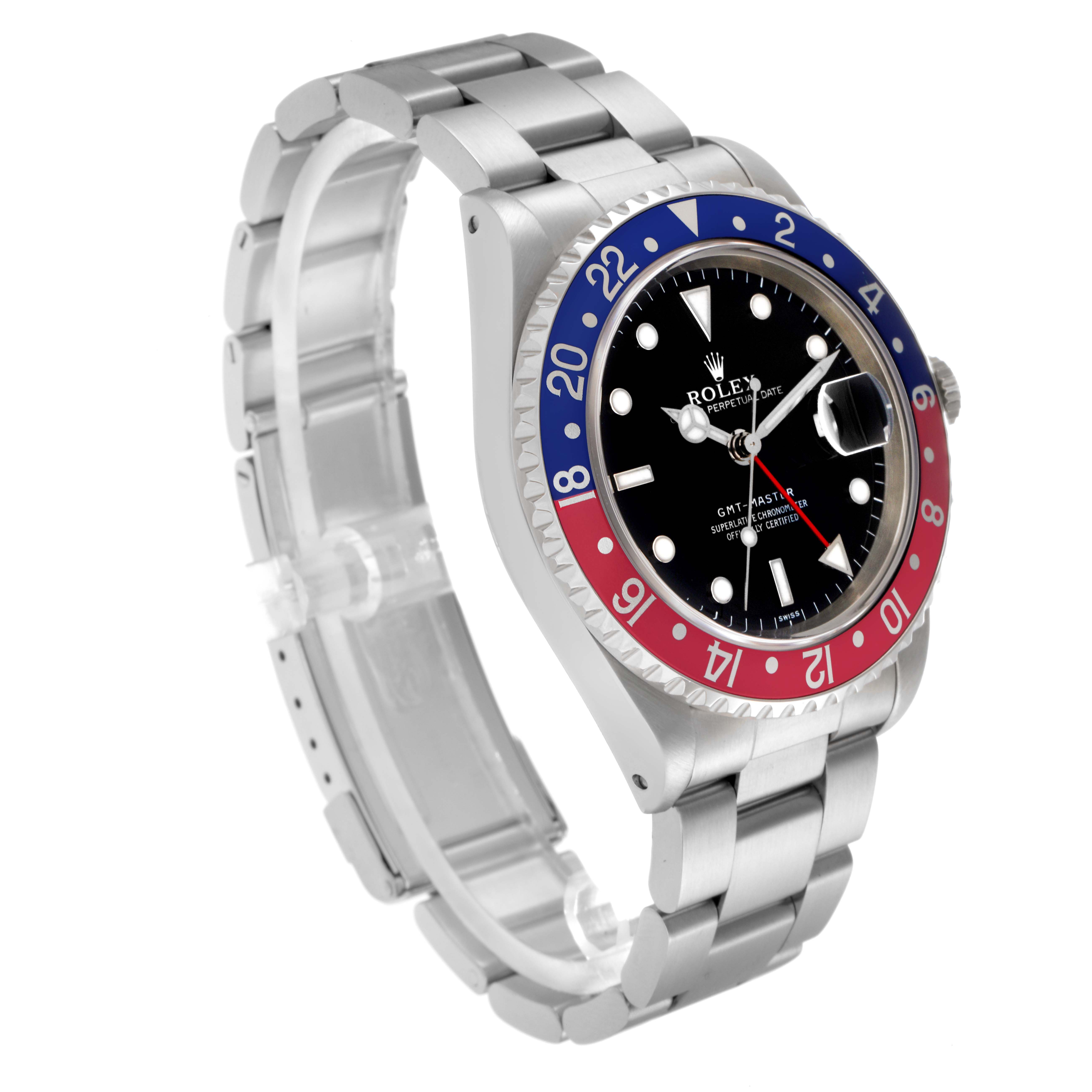The Rolex GMT-Master 16700 Men
s Stainless Steel Black Dial 16700 Men
s Stainless Steel Black Dial is shown at a 3/4 angle, highlighting the bezel, dial, and bracelet.
