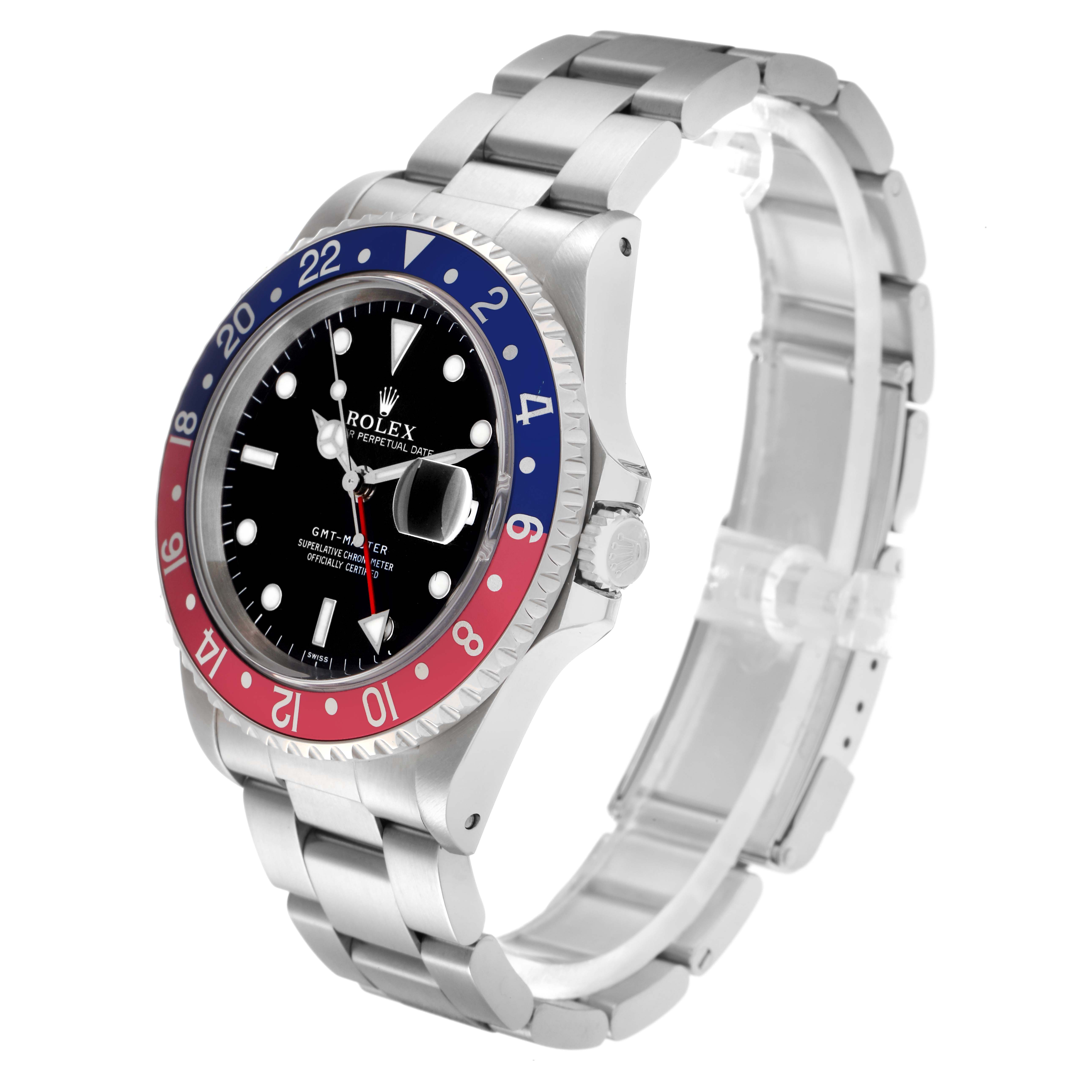 The Rolex GMT-Master 16700 Men
s Stainless Steel Black Dial 16700 Men
s Stainless Steel Black Dial watch is shown at a three-quarter angle displaying the bezel, dial, crown, and full bracelet.