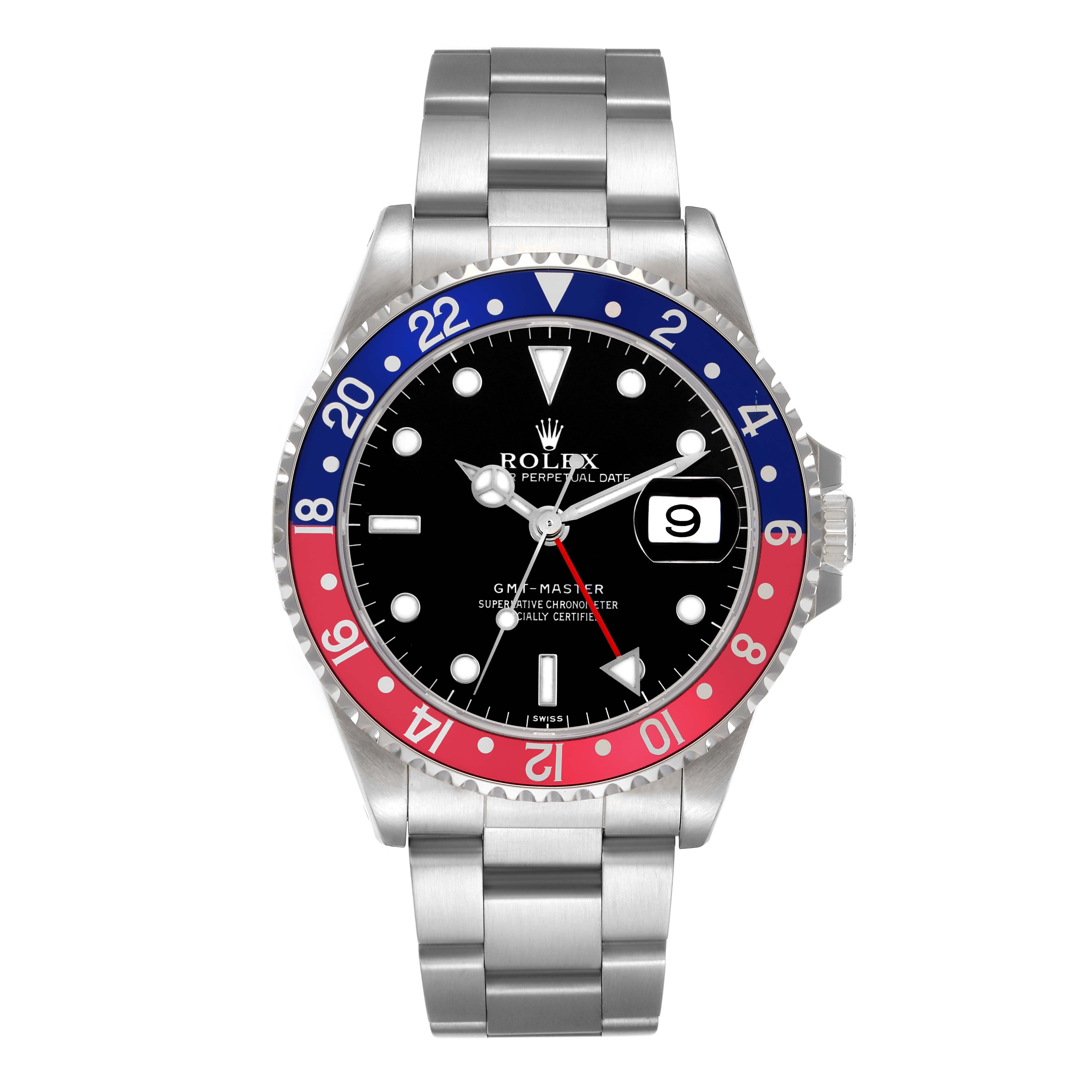 The Rolex GMT-Master 16700 Men
s Stainless Steel Black Dial 16700 Men
s Stainless Steel Black Dial is shown from the front, displaying the dial, bezel, bracelet, and crown.