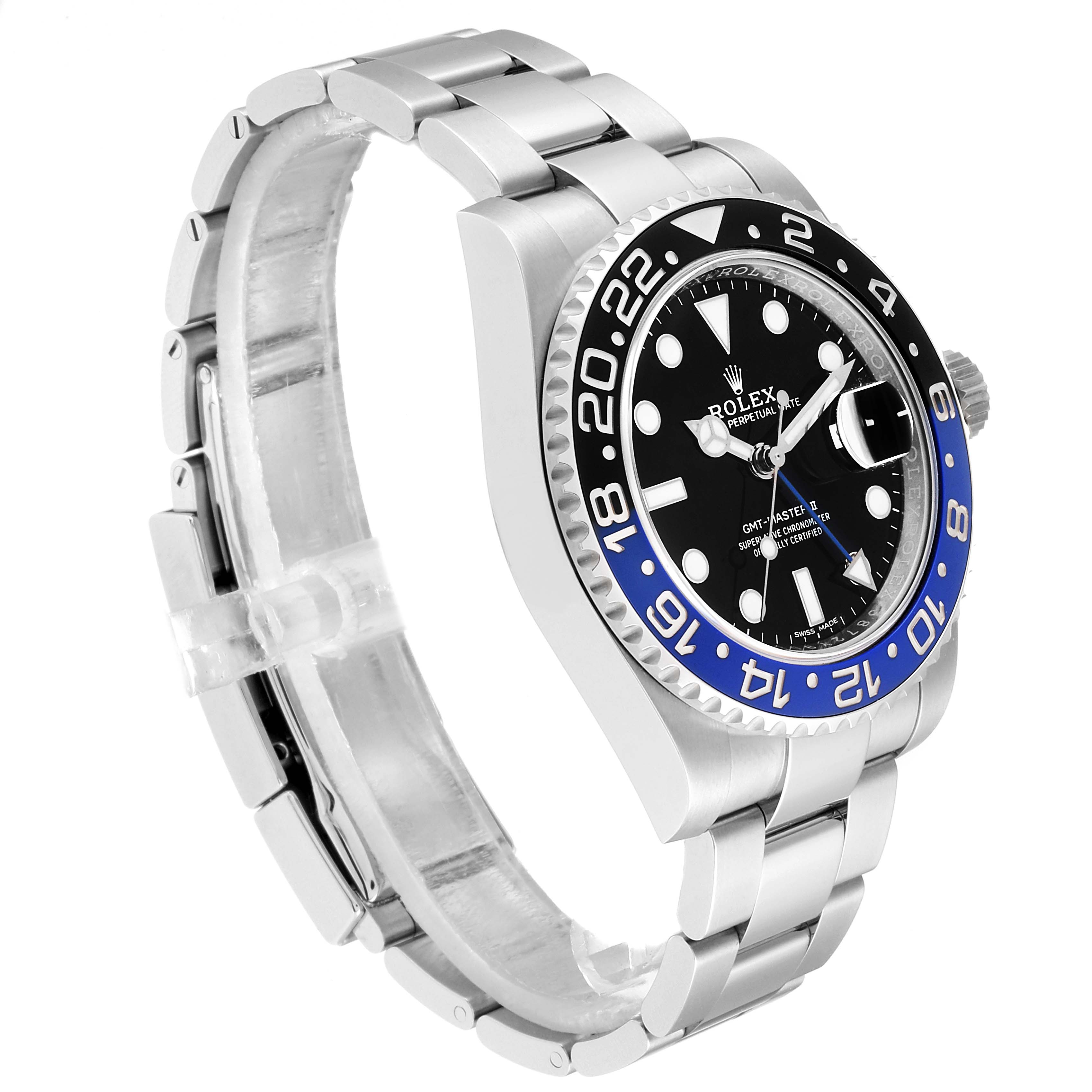 The image shows a side angle of the Rolex GMT-Master 116710  Men
s Stainless Steel Black Dial 116710  Men
s Stainless Steel Black Dial, highlighting the bezel, dial, crown, and bracelet.