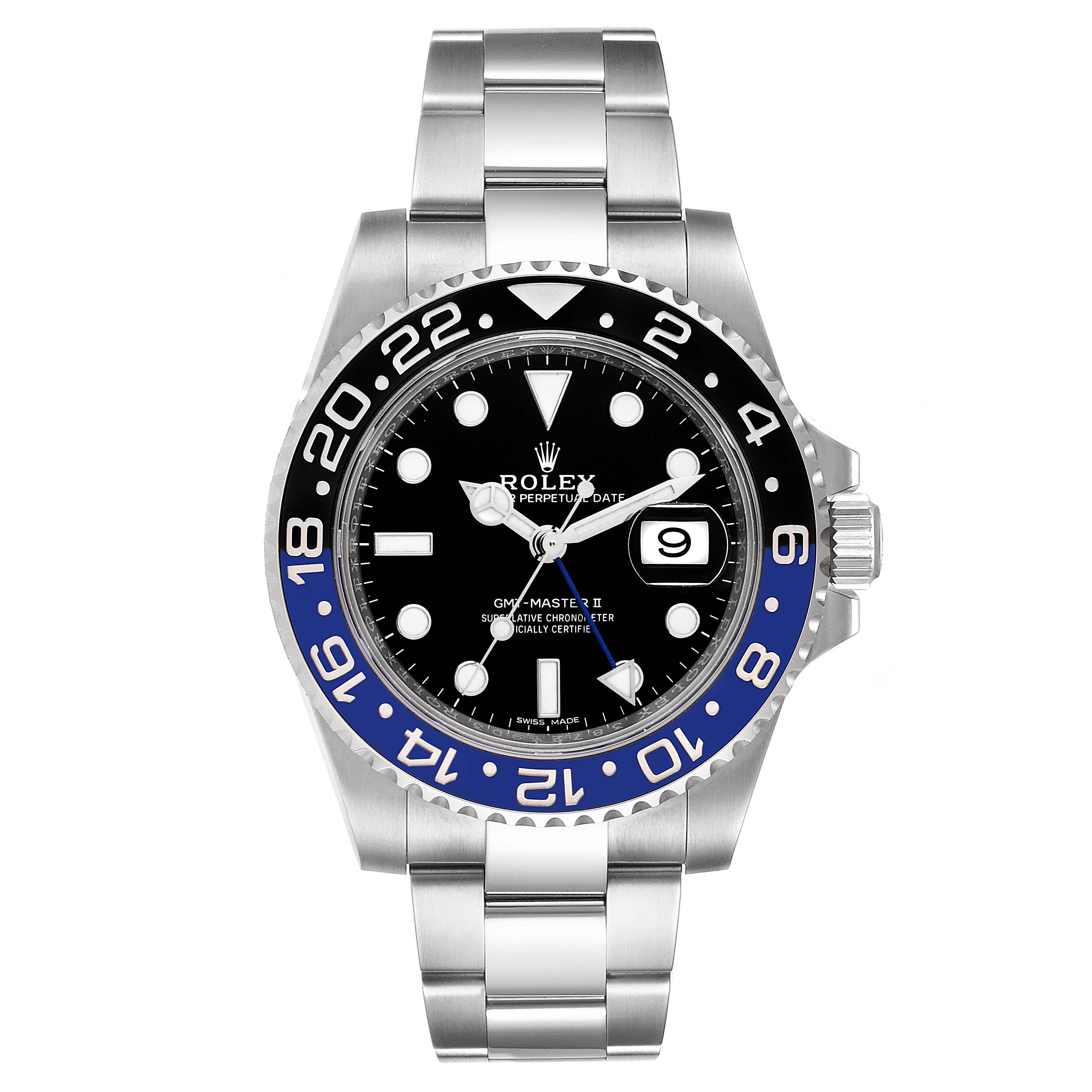 The image shows a front view of a Rolex GMT-Master 116710  Men
s Stainless Steel Black Dial 116710  Men
s Stainless Steel Black Dial II watch, highlighting its bezel, dial, and bracelet.