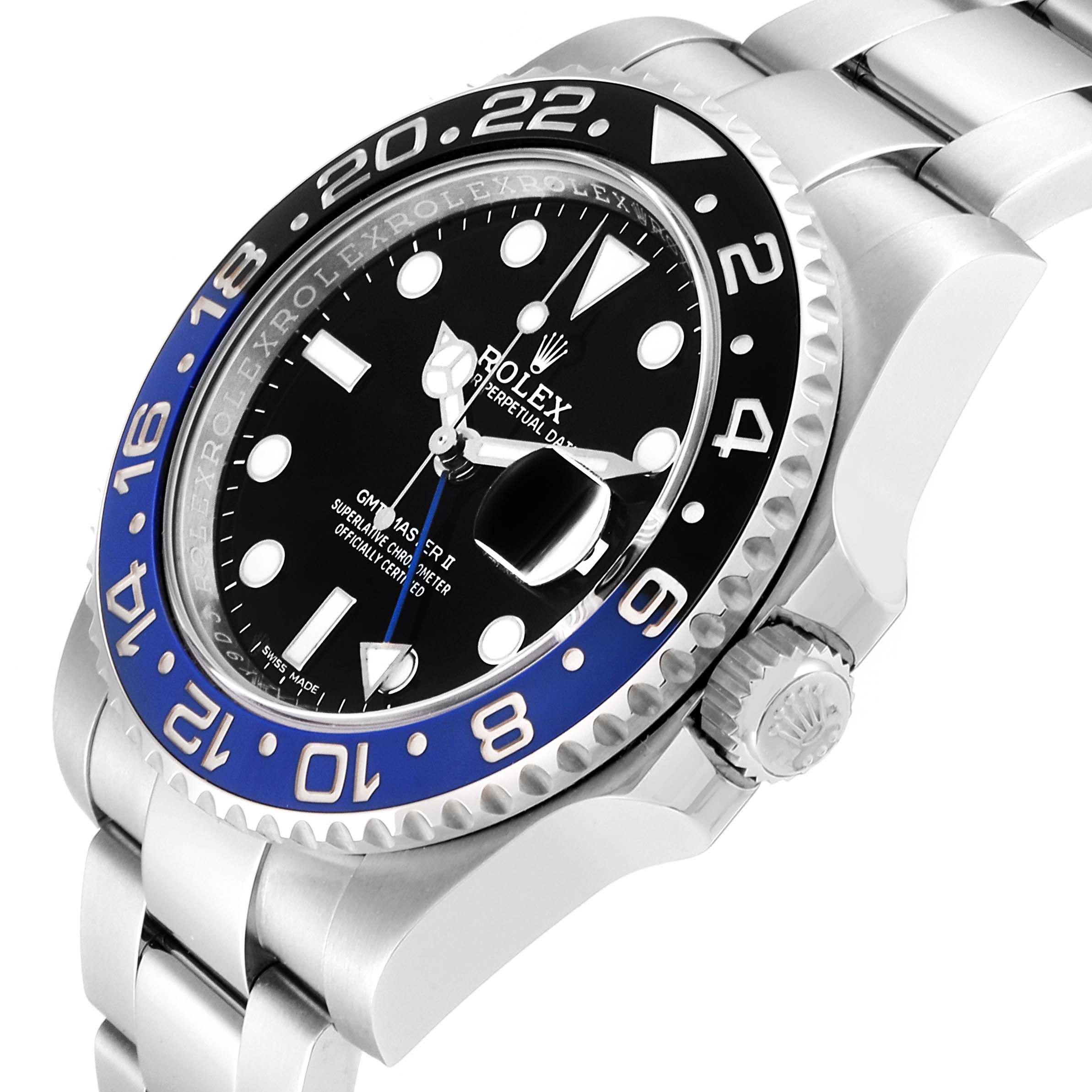 This image of a Rolex GMT-Master 116710  Men
s Stainless Steel Black Dial 116710  Men
s Stainless Steel Black Dial watch shows a close-up angled view, featuring the bezel, dial, crown, and part of the bracelet.