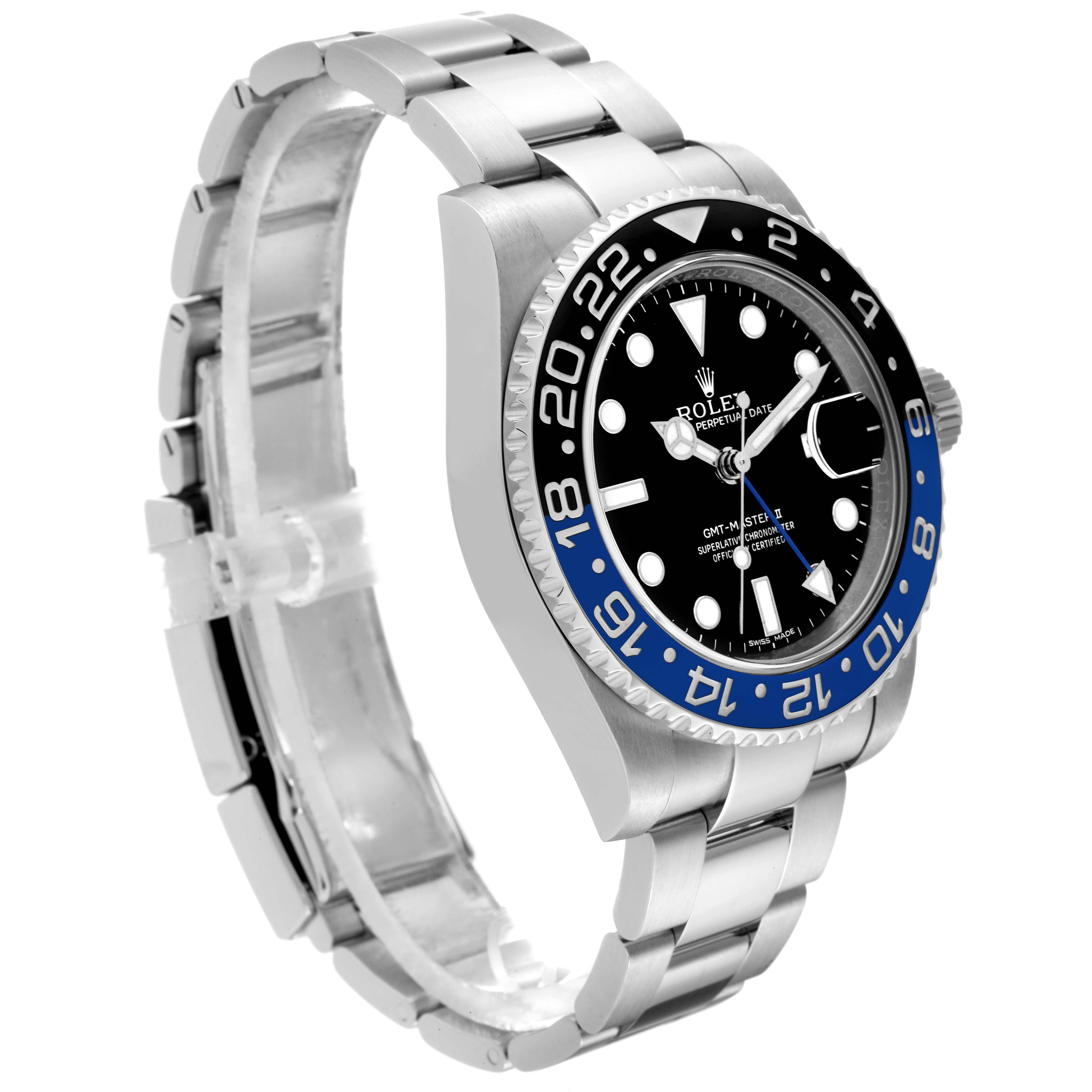 The image shows a side angle view of a Rolex GMT-Master 116710 Men's Stainless Steel Black Dial 116710 Men's Stainless Steel Black Dial watch, highlighting its stainless steel bracelet and black-blue bezel.