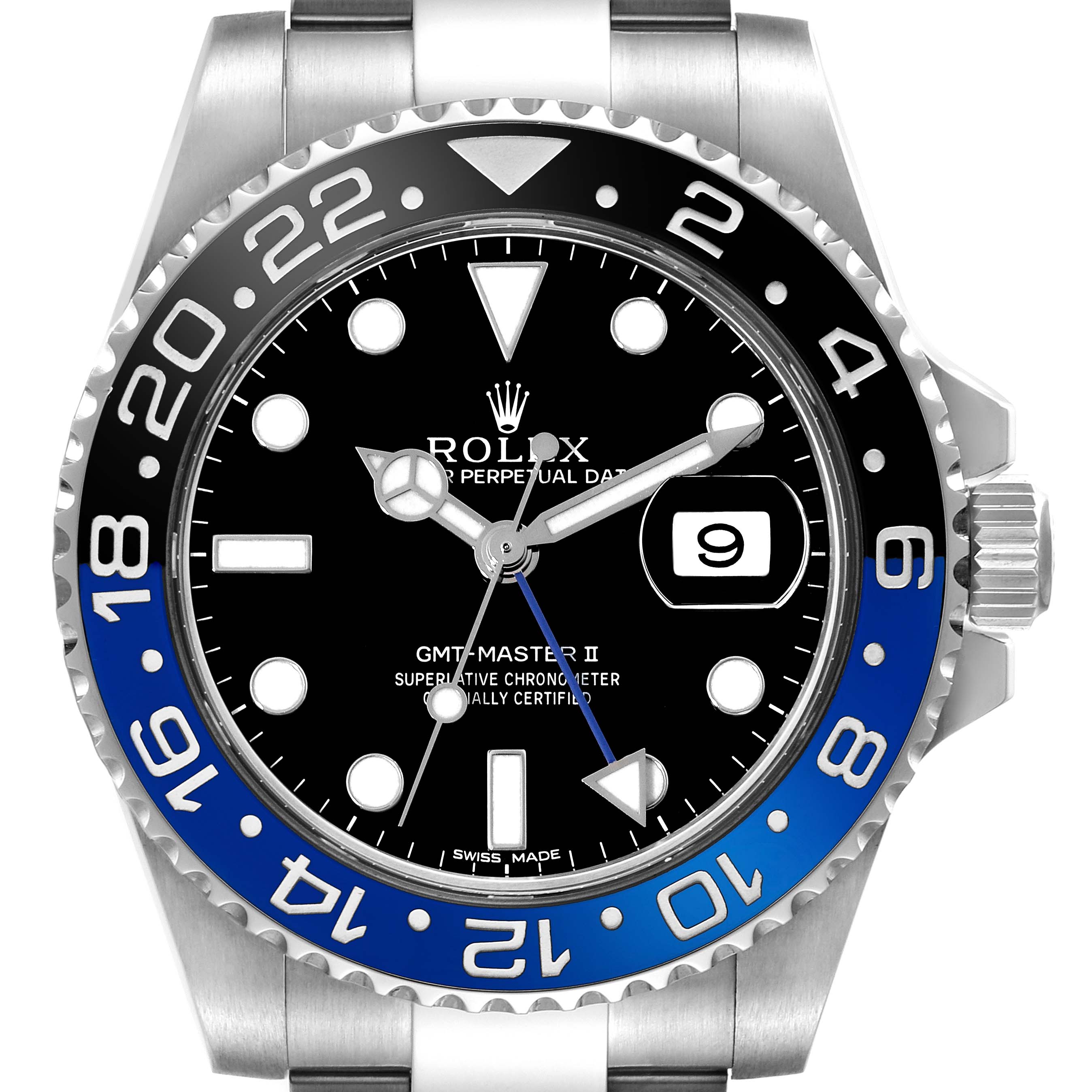This image shows a front view of a Rolex GMT-Master 116710 Men's Stainless Steel Black Dial 116710 Men's Stainless Steel Black Dial II watch, highlighting the bezel, dial, and date window.