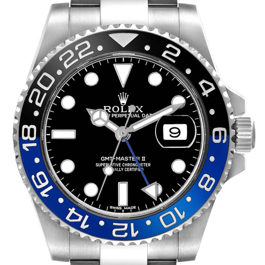 This image shows a front view of a Rolex GMT-Master II watch, highlighting the bezel, dial, and date window.