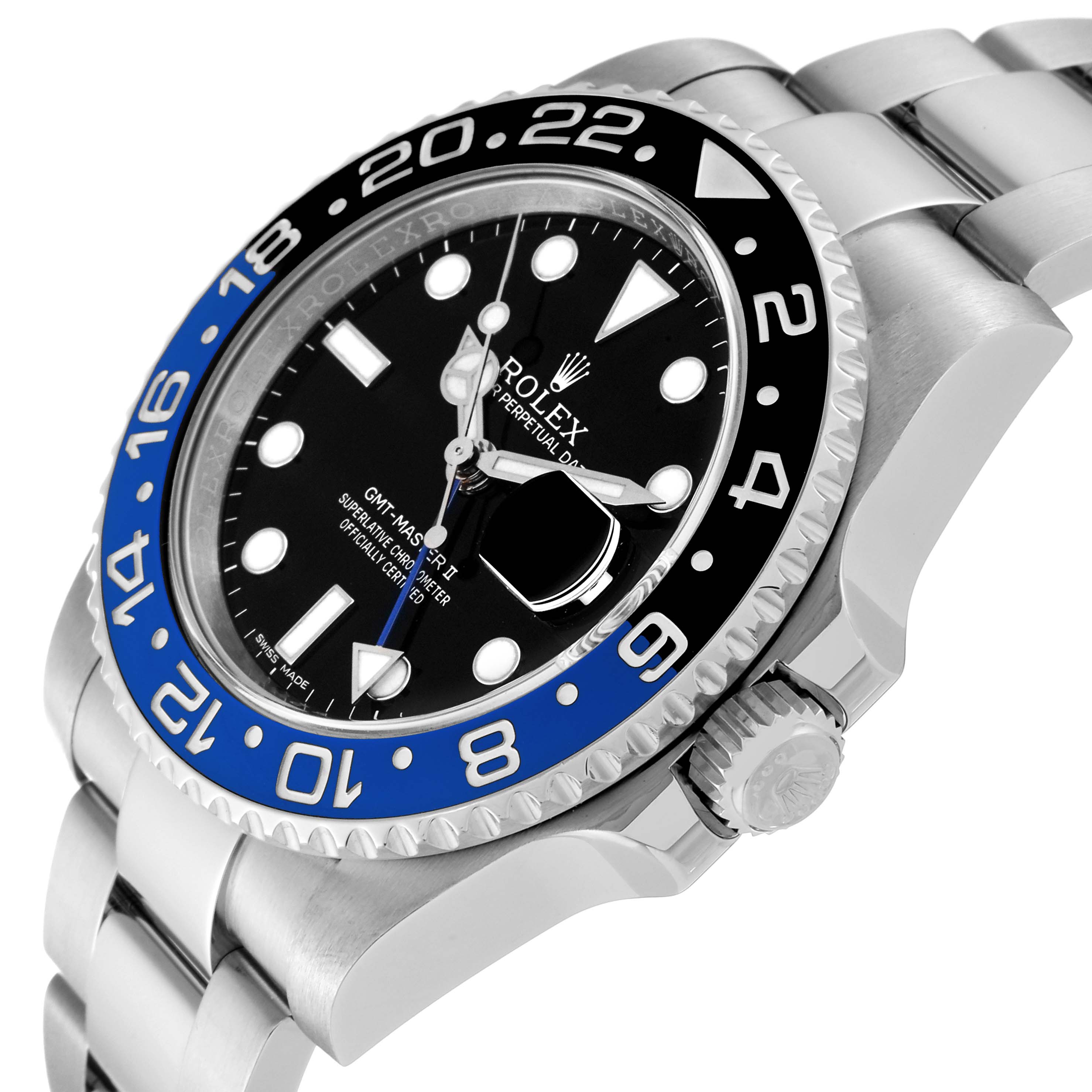 The image shows a close-up angle of the Rolex GMT-Master 116710 Men's Stainless Steel Black Dial 116710 Men's Stainless Steel Black Dial watch, highlighting the bezel, dial, crown, and part of the bracelet.