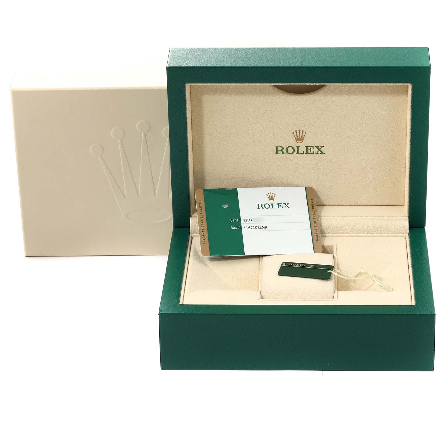 This image shows the box, warranty card, and accessories of a Rolex GMT-Master 116710 Men's Stainless Steel Black Dial 116710 Men's Stainless Steel Black Dial watch, but not the watch itself.