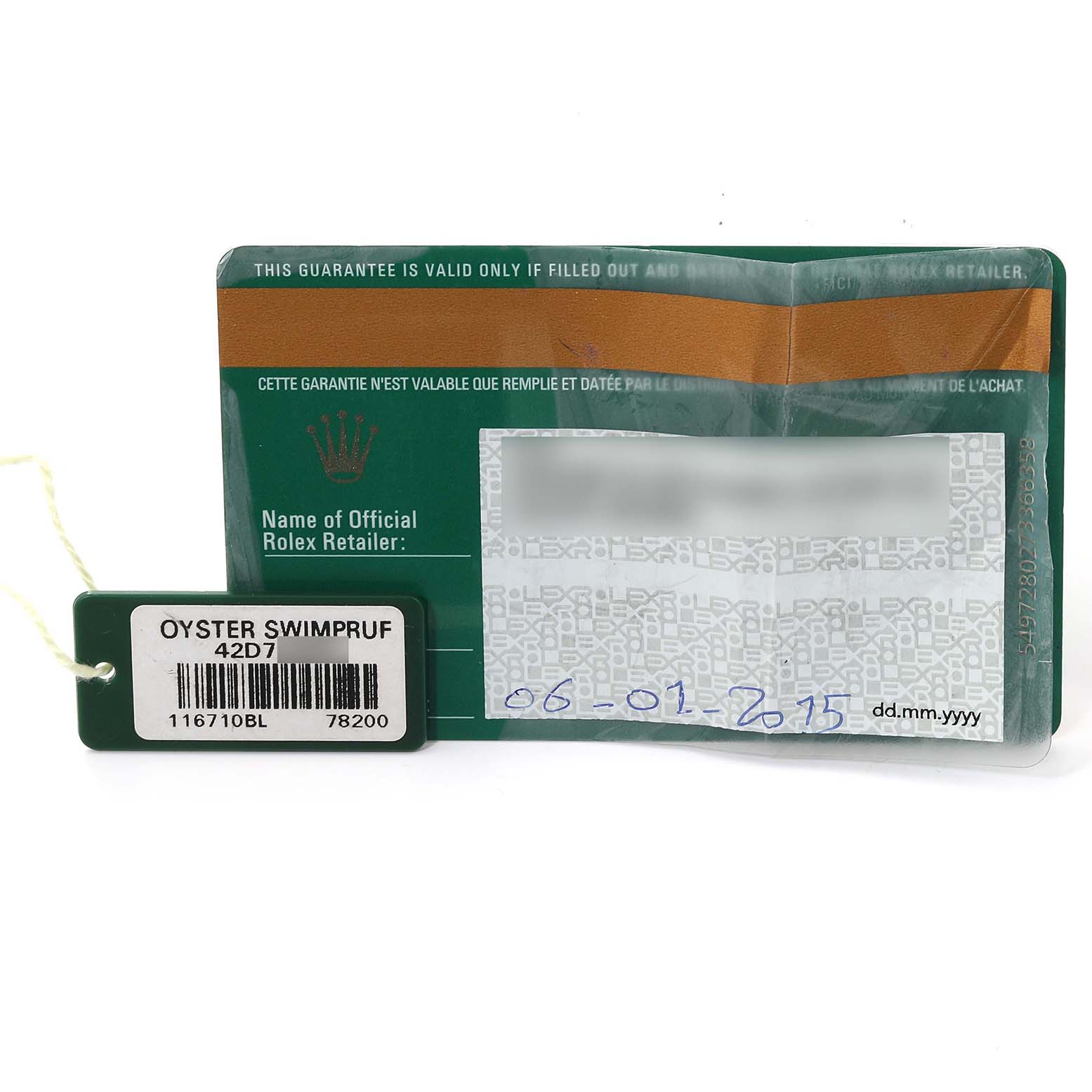 The image shows the warranty card and the Oyster Swimpruf tag for a Rolex GMT-Master 116710 Men's Stainless Steel Black Dial 116710 Men's Stainless Steel Black Dial watch.