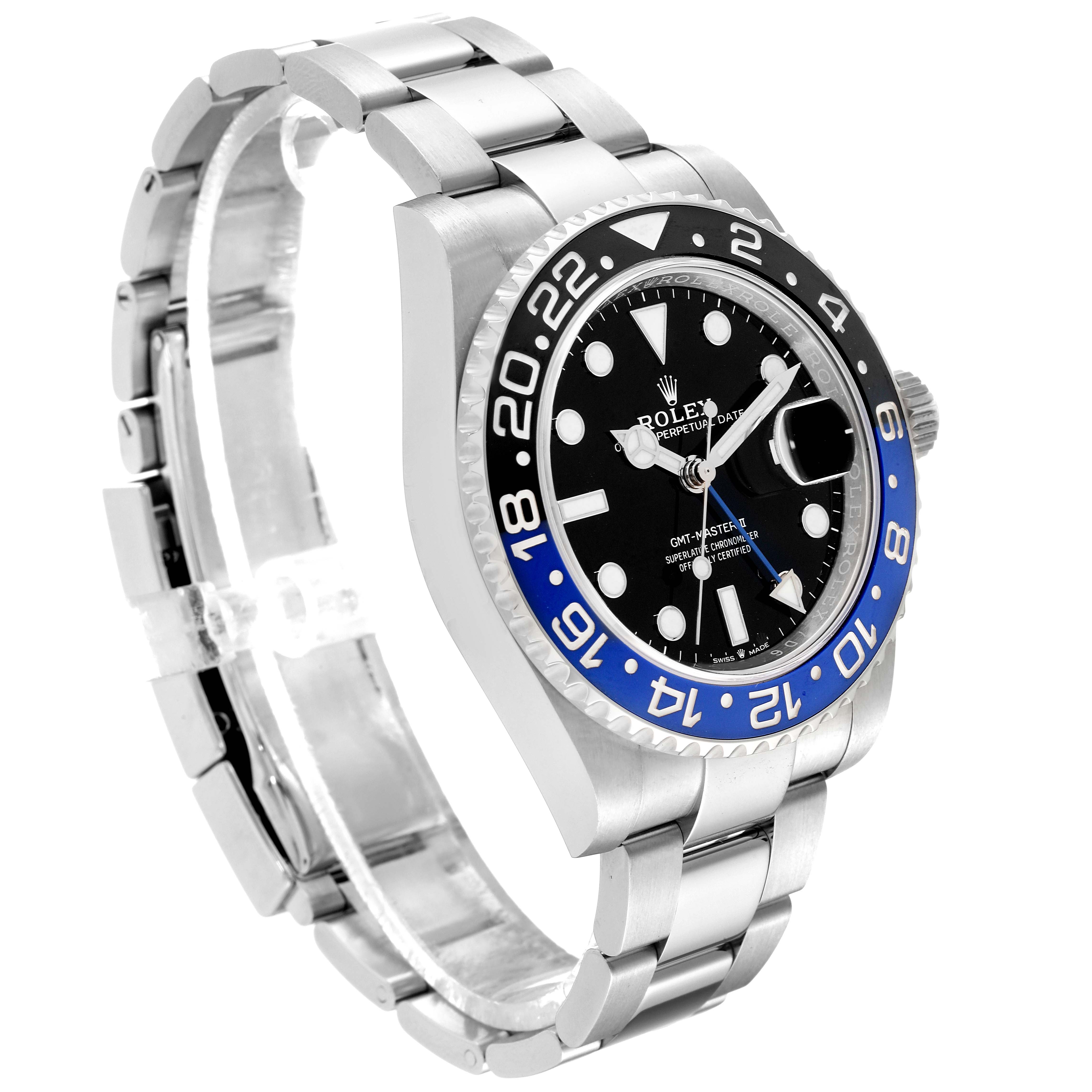 This image shows a Rolex GMT-Master 126710 Men's Stainless Steel Black Dial 126710 Men's Stainless Steel Black Dial watch from an angled view, displaying its dial, bezel, case, and bracelet.