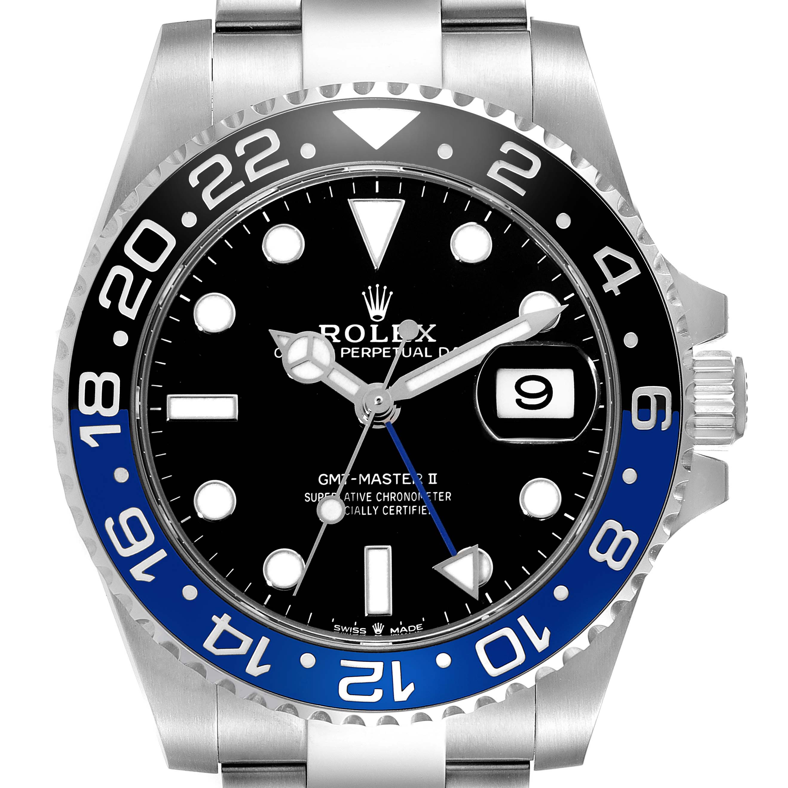 The image shows a front view of the Rolex GMT-Master 126710 Men's Stainless Steel Black Dial 126710 Men's Stainless Steel Black Dial II, highlighting the bezel, face, hands, and date window.