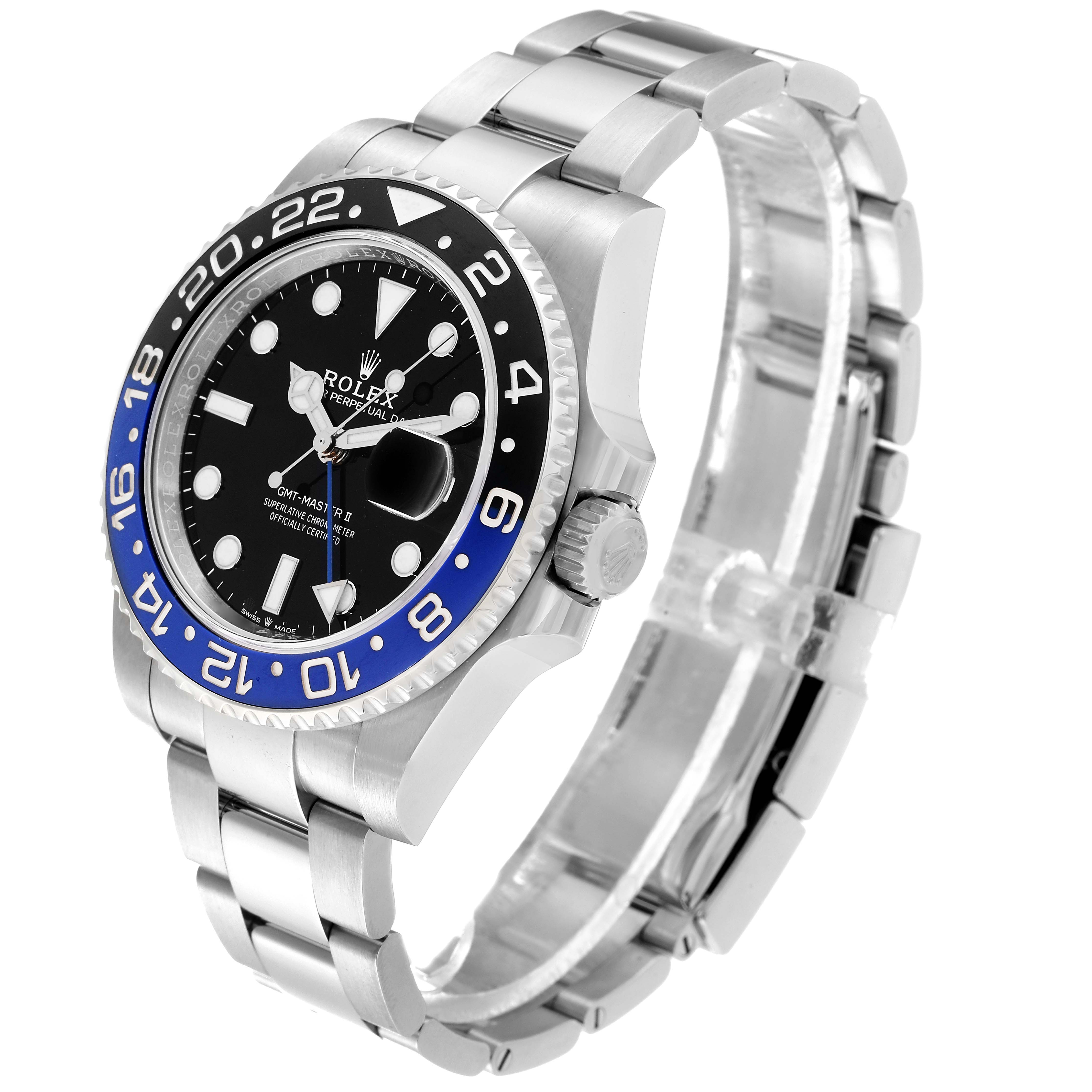 The image shows a Rolex GMT-Master 126710 Men's Stainless Steel Black Dial 126710 Men's Stainless Steel Black Dial watch at a three-quarter angle, highlighting its bezel, dial, crown, and bracelet.