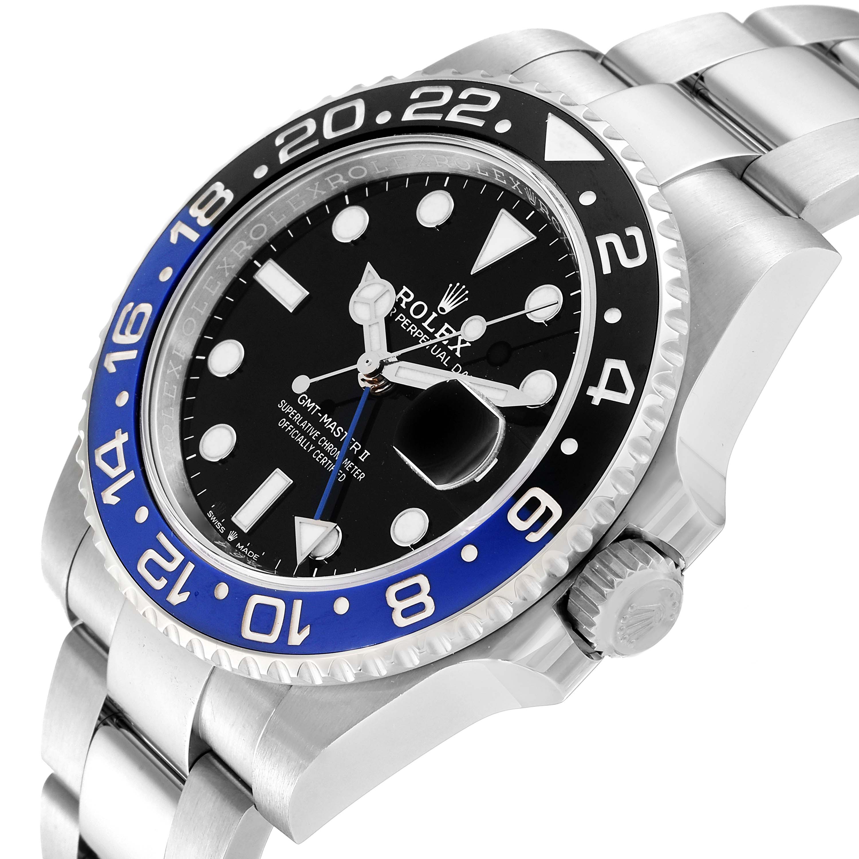 The image shows a Rolex GMT-Master 126710 Men's Stainless Steel Black Dial 126710 Men's Stainless Steel Black Dial II watch angled from the front-left, focusing on the dial and bezel.