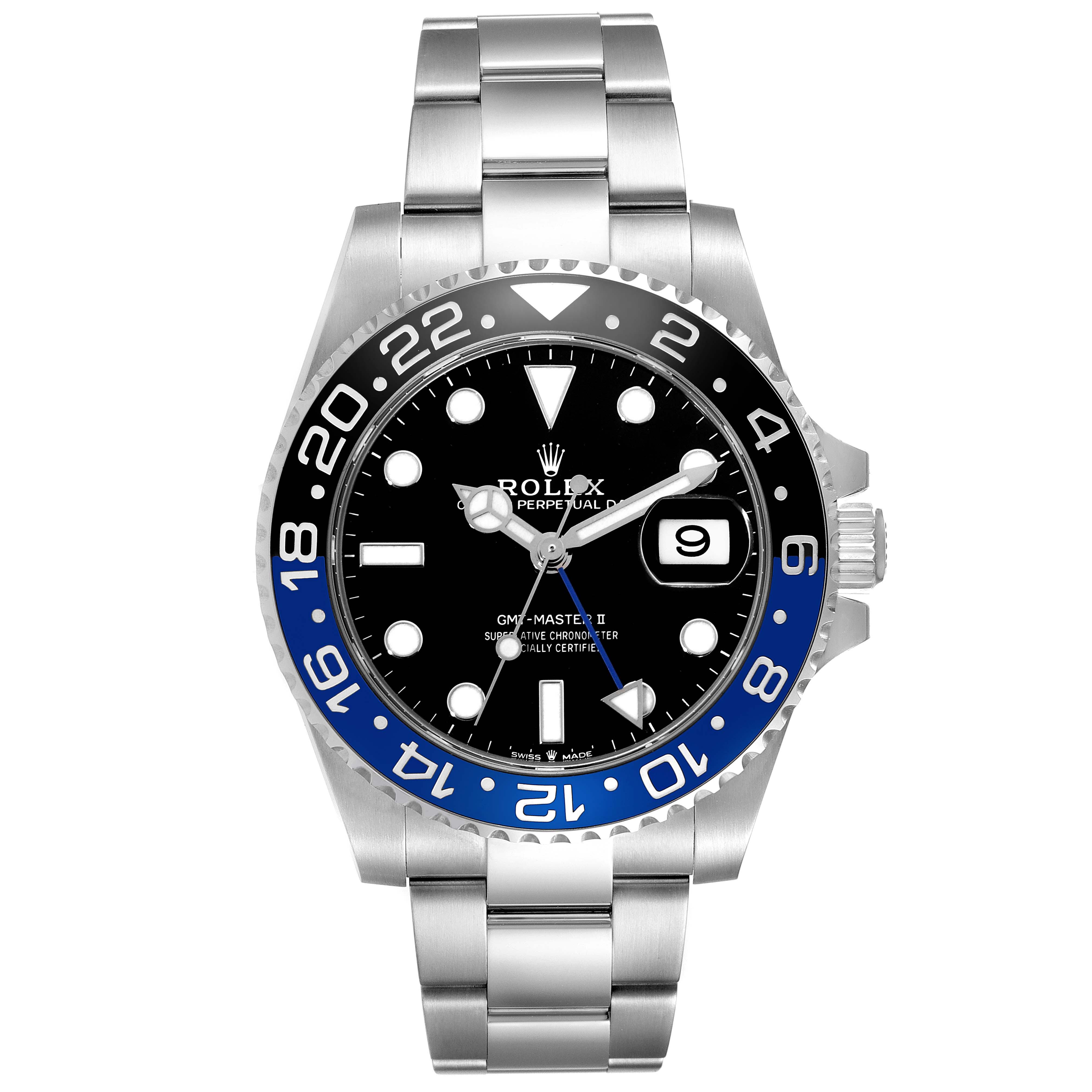 This image is a front view of a Rolex GMT-Master 126710 Men's Stainless Steel Black Dial 126710 Men's Stainless Steel Black Dial II watch, showing the face, bezel, and part of the metal bracelet.