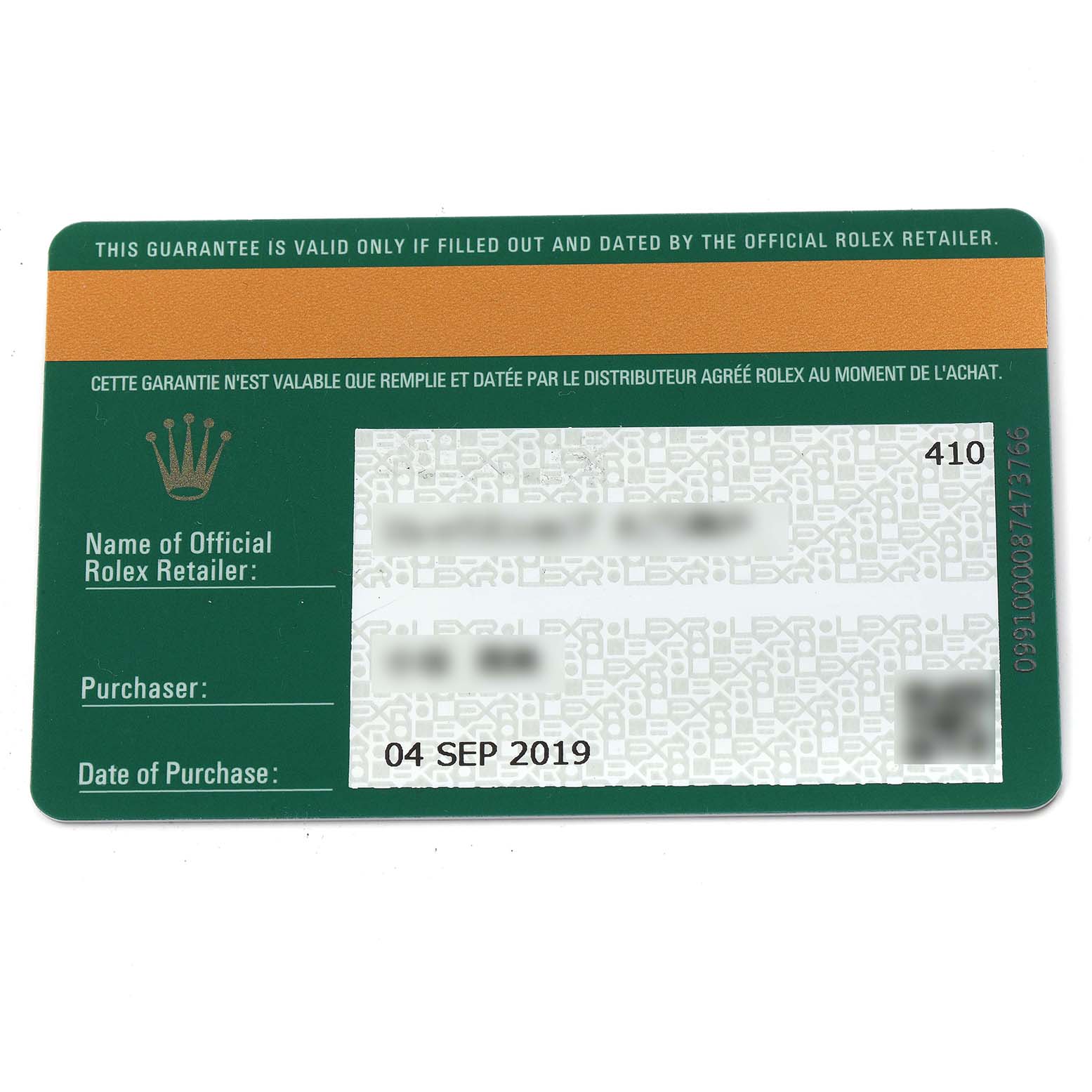 The image shows a Rolex warranty card for a GMT-Master with retailer and purchase details.