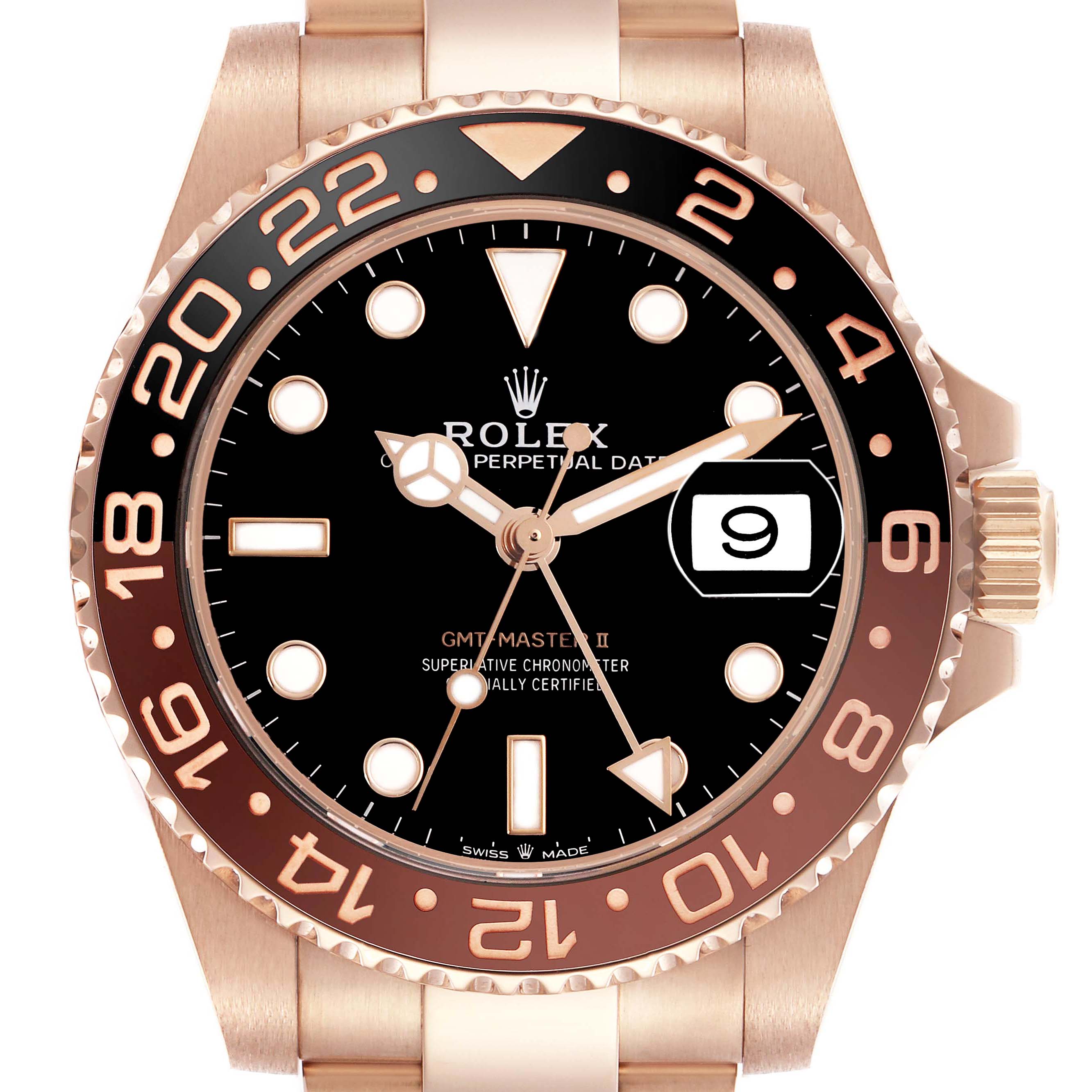 The image shows a Rolex GMT-Master 126715CHNR Men
s Rose Gold Black Dial 126715CHNR Men
s Rose Gold Black Dial II watch head-on, highlighting the bezel, dial, crown, and date feature.