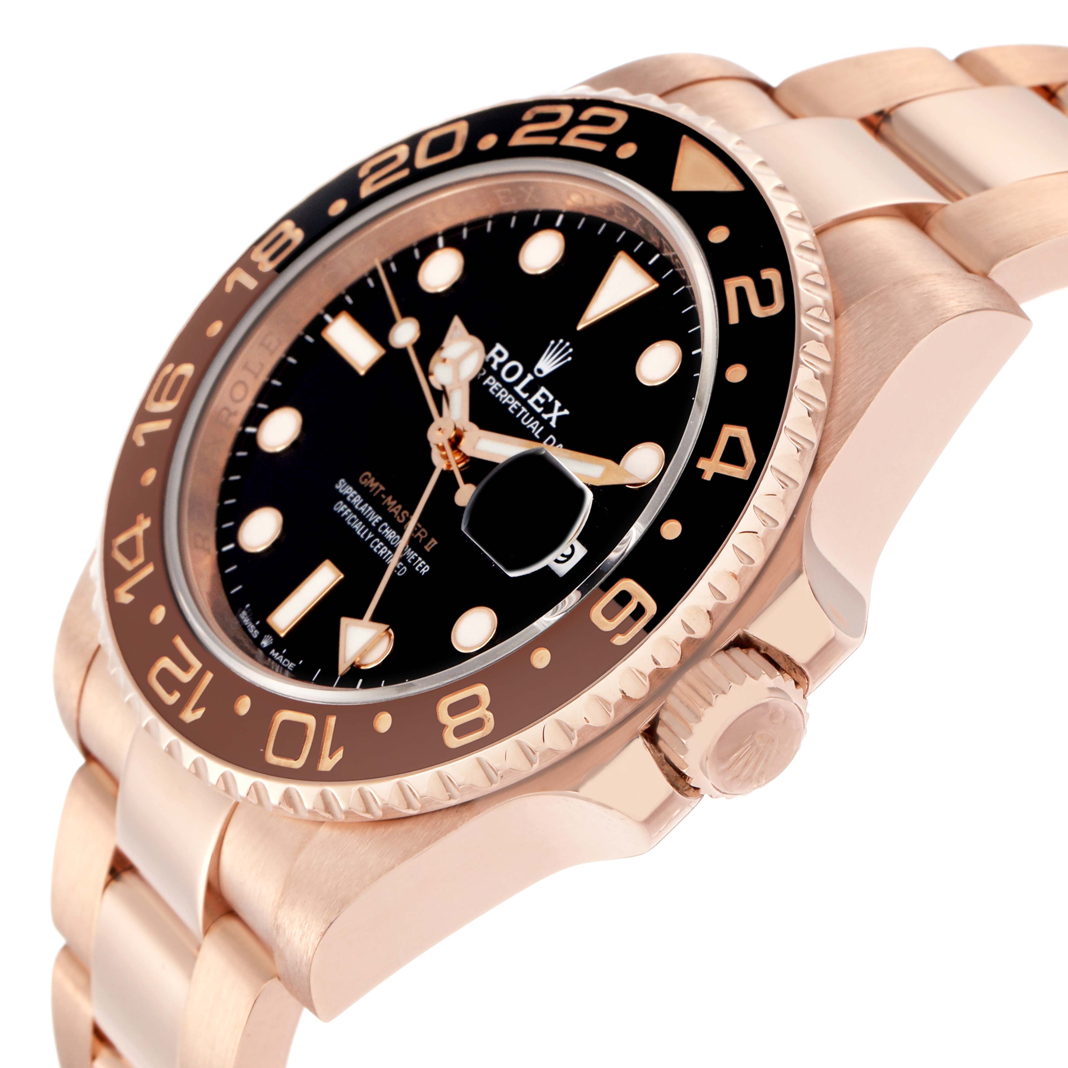 The Rolex GMT-Master 126715CHNR Men
s Rose Gold Black Dial 126715CHNR Men
s Rose Gold Black Dial watch is shown at an angled side view, highlighting its bezel, crown, and part of the bracelet.