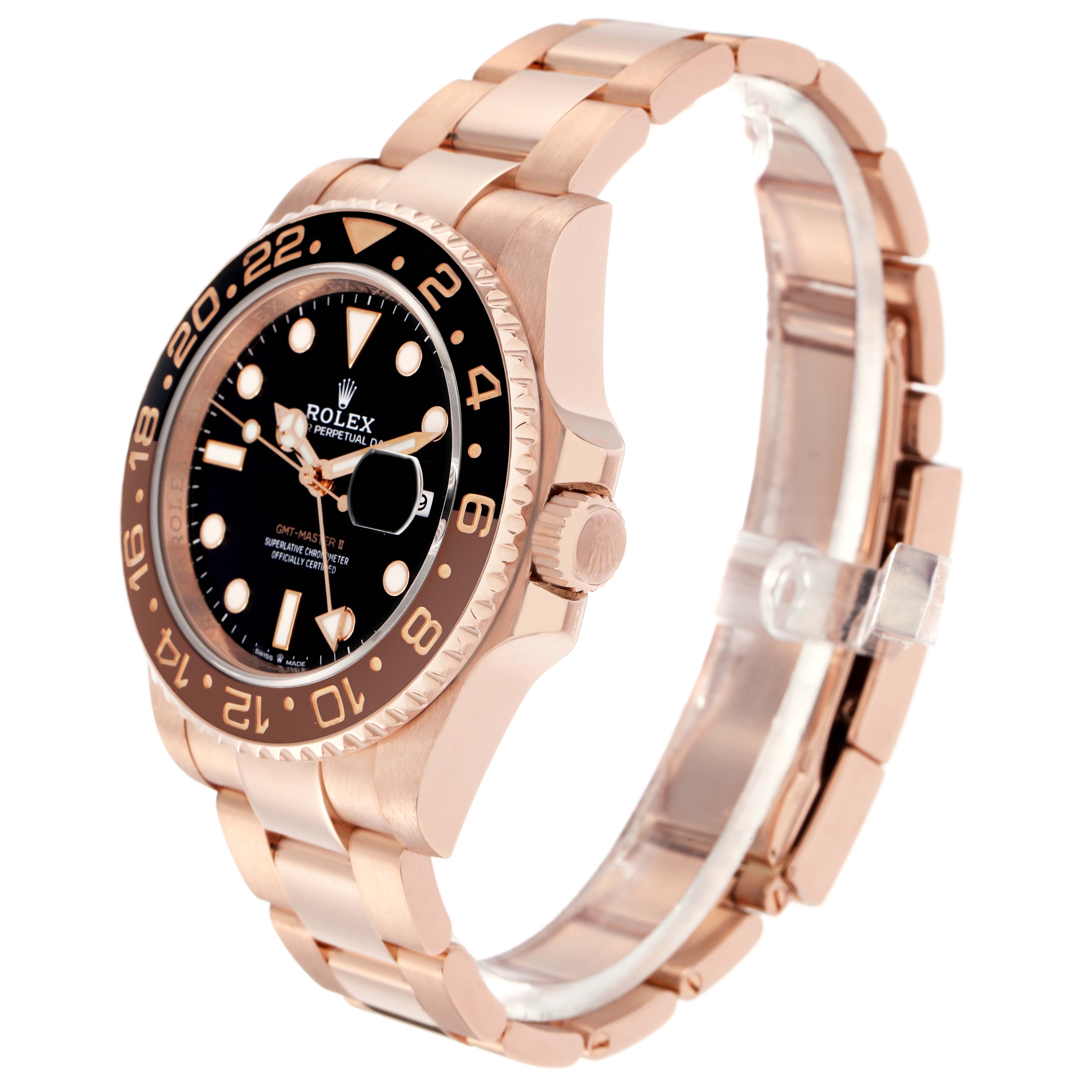 The image shows a Rolex GMT-Master 126715CHNR Men
s Rose Gold Black Dial 126715CHNR Men
s Rose Gold Black Dial watch at a three-quarter angle, highlighting the bezel, face, and bracelet.