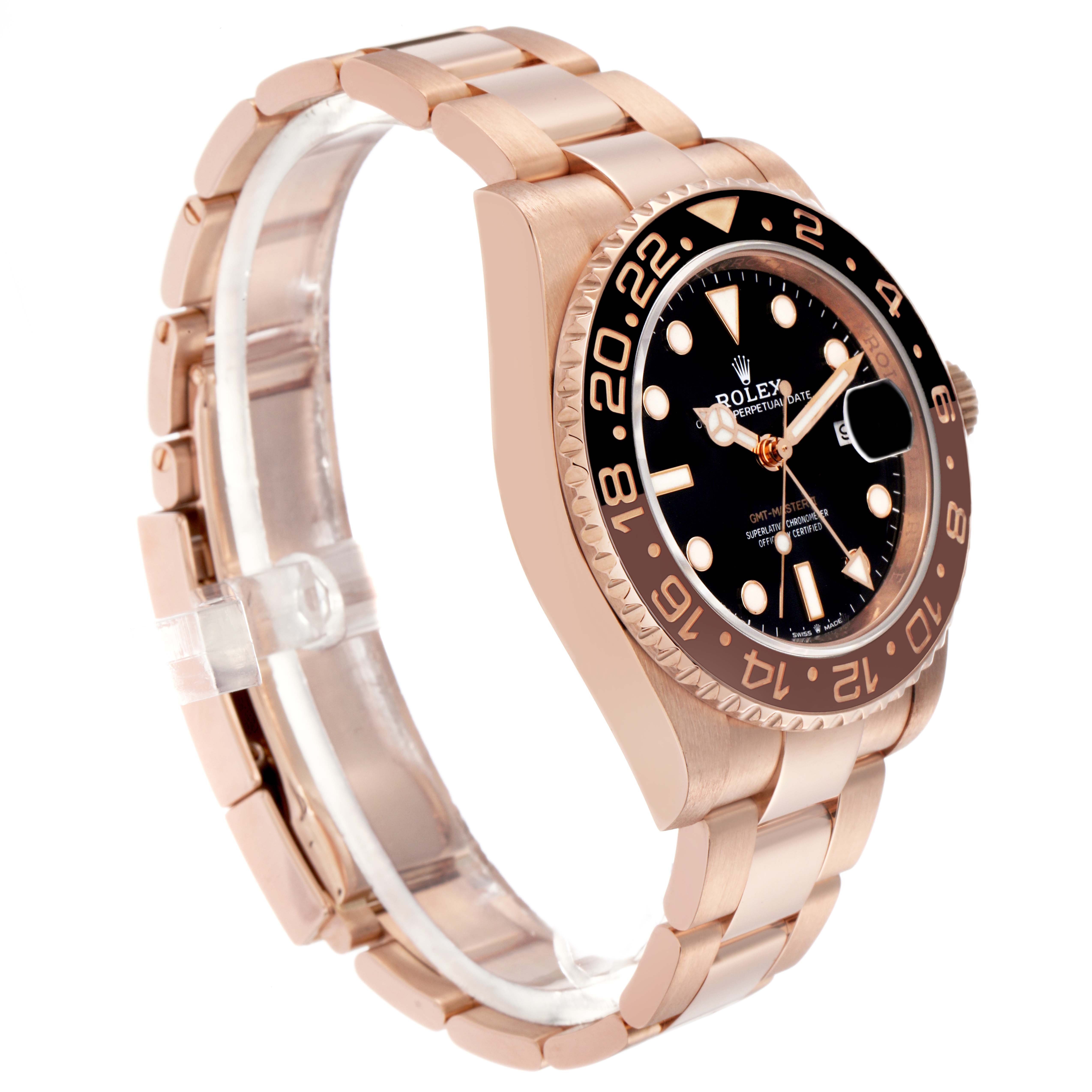 The Rolex GMT-Master 126715CHNR Men
s Rose Gold Black Dial 126715CHNR Men
s Rose Gold Black Dial watch is shown at a three-quarter angle, displaying the case, bezel, bracelet, and dial.