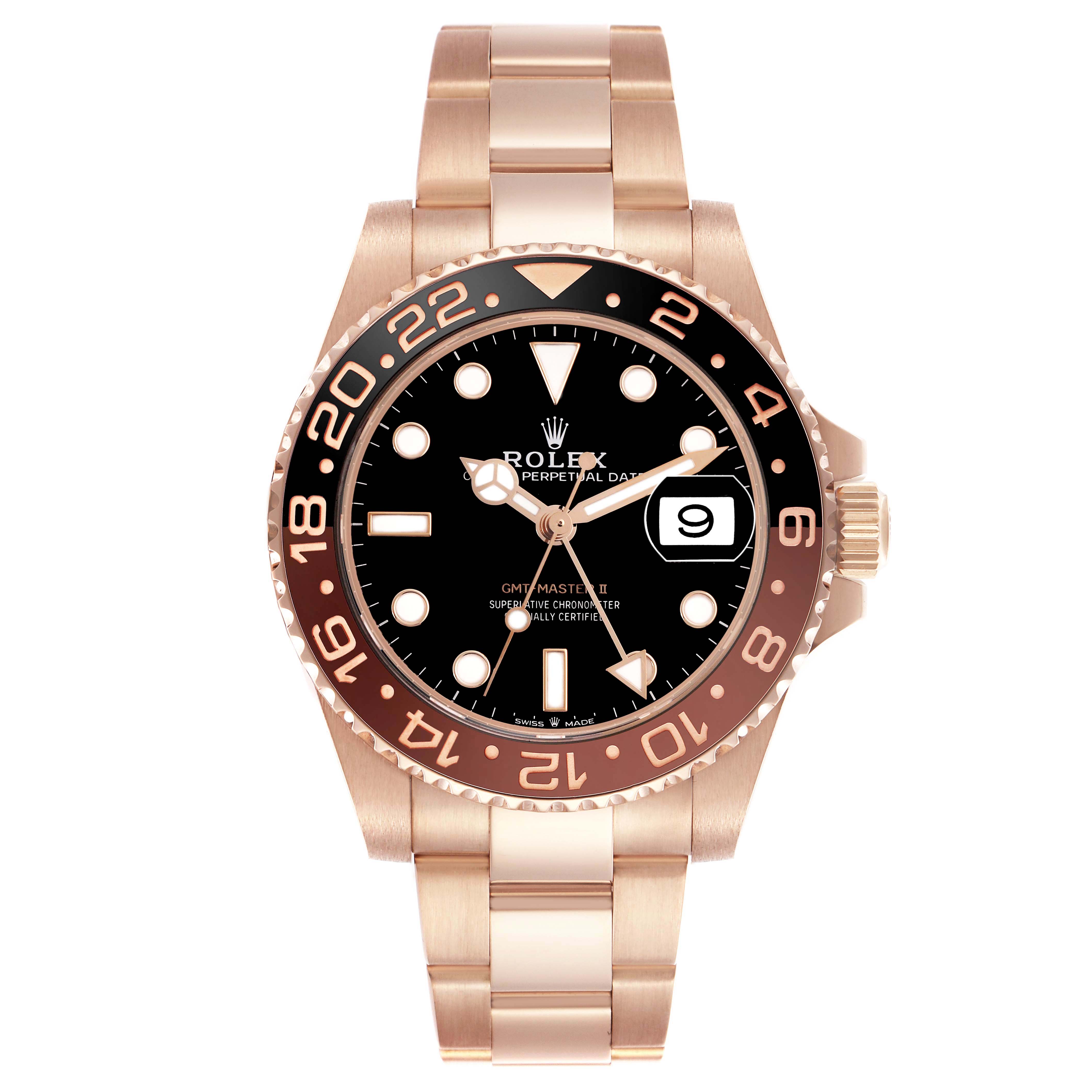 The Rolex GMT-Master 126715CHNR Men
s Rose Gold Black Dial 126715CHNR Men
s Rose Gold Black Dial watch is shown from a front angle, highlighting its bezel, dial, date, and bracelet.