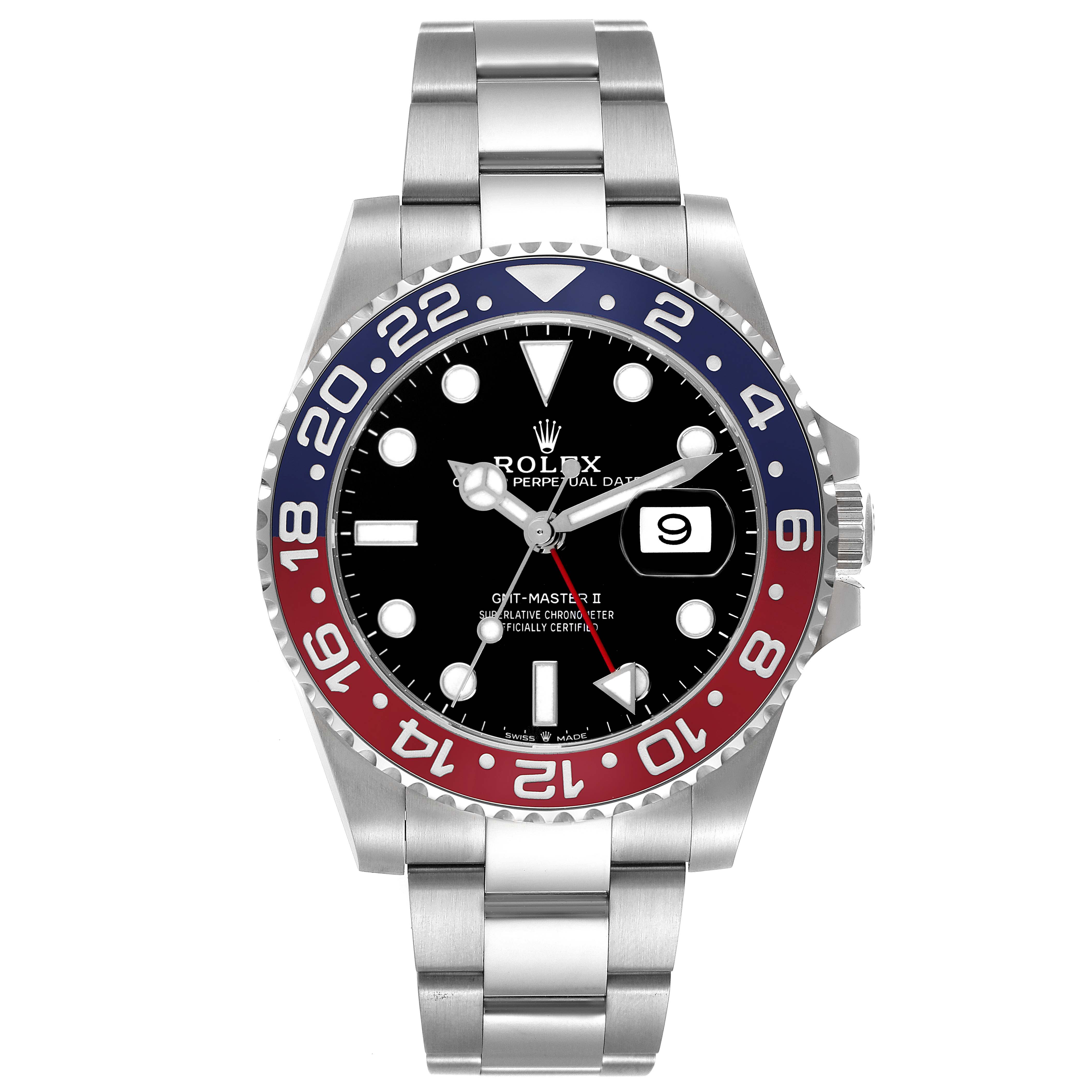 The Rolex GMT-Master 126710BLRO Men
s Stainless Steel Black Dial 126710BLRO Men
s Stainless Steel Black Dial watch is shown from the front, highlighting the bezel, dial, hands, and bracelet.