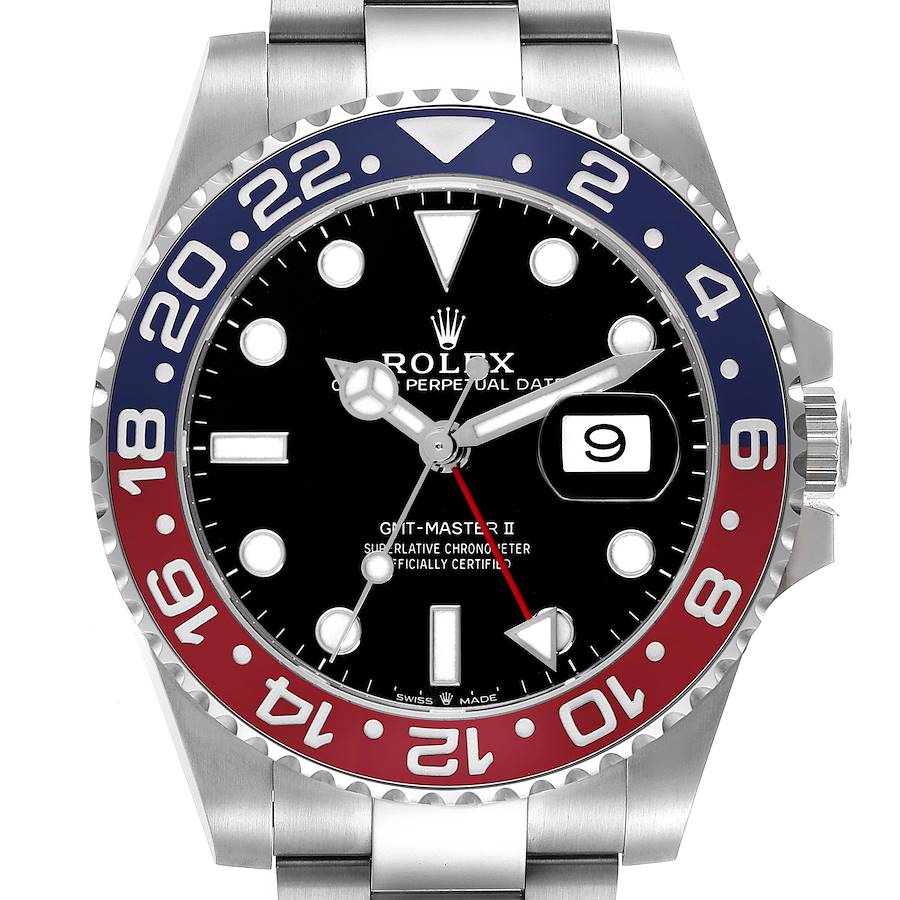 The Rolex GMT-Master model is shown from a front angle, displaying the bezel, dial, hands, crown, and bracelet.