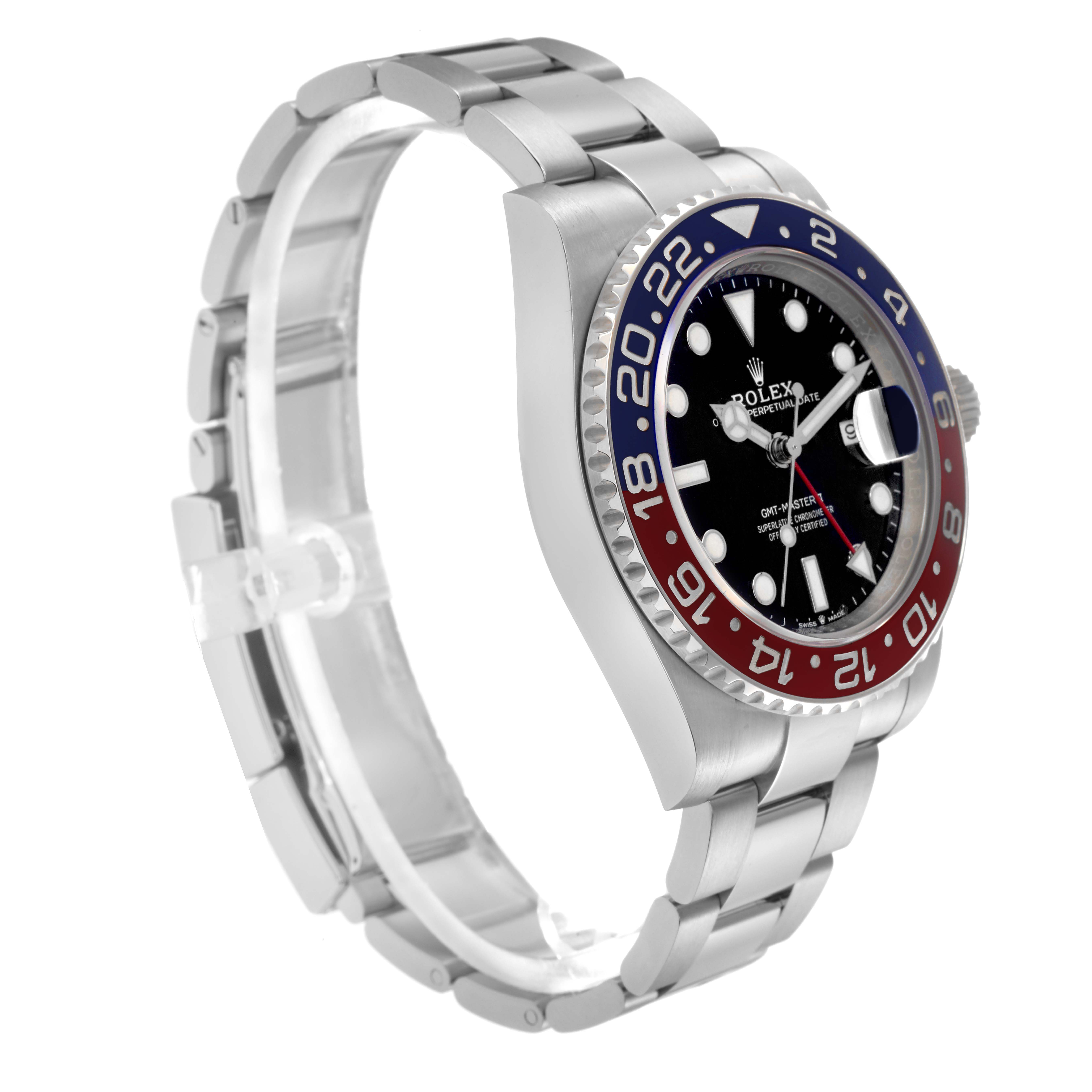 The Rolex GMT-Master 126710BLRO Men
s Stainless Steel Black Dial 126710BLRO Men
s Stainless Steel Black Dial watch is shown at a three-quarter angle, highlighting the bezel, dial, and bracelet.