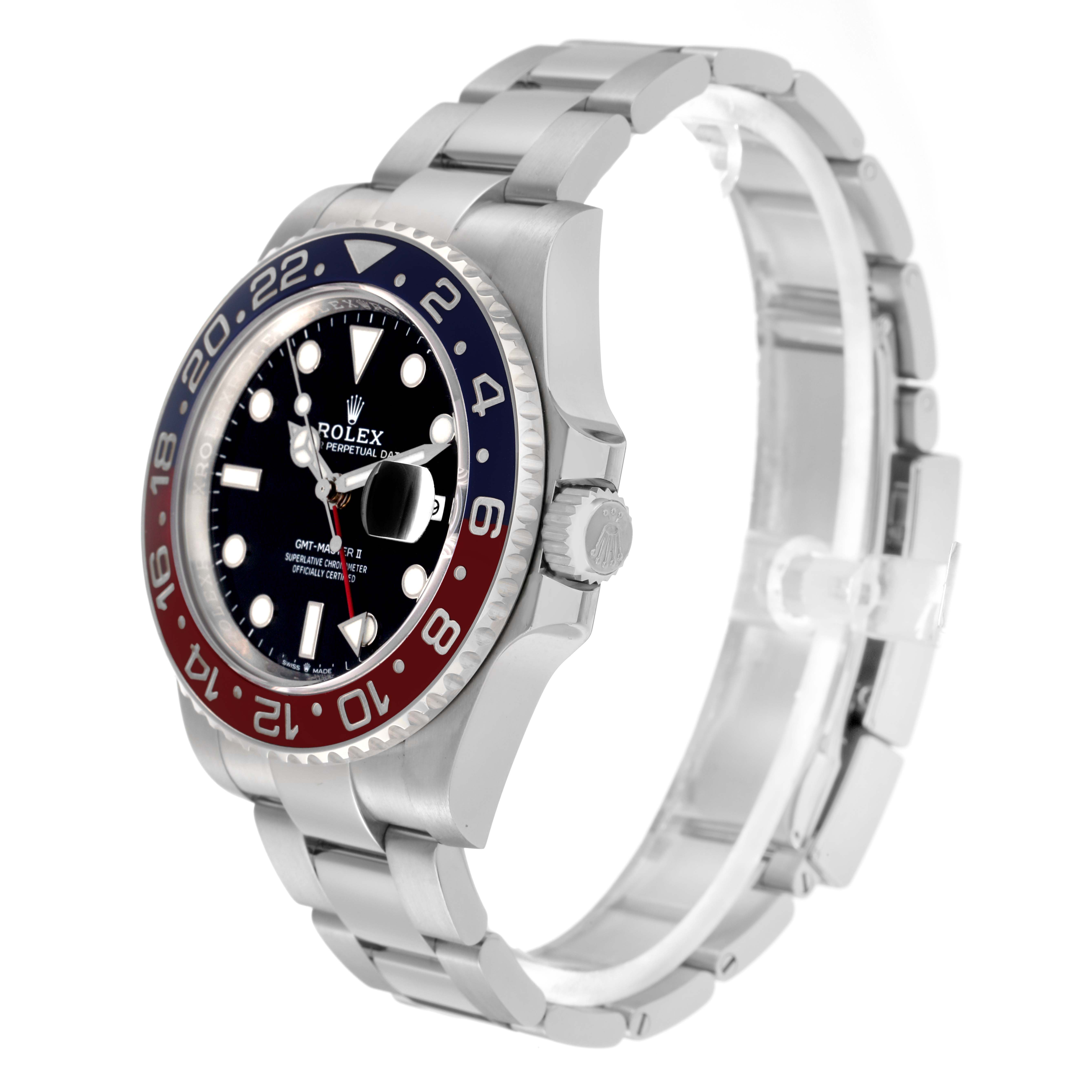 The Rolex GMT-Master 126710BLRO Men
s Stainless Steel Black Dial 126710BLRO Men
s Stainless Steel Black Dial watch is shown at a side angle, highlighting the bezel, dial, crown, and bracelet.