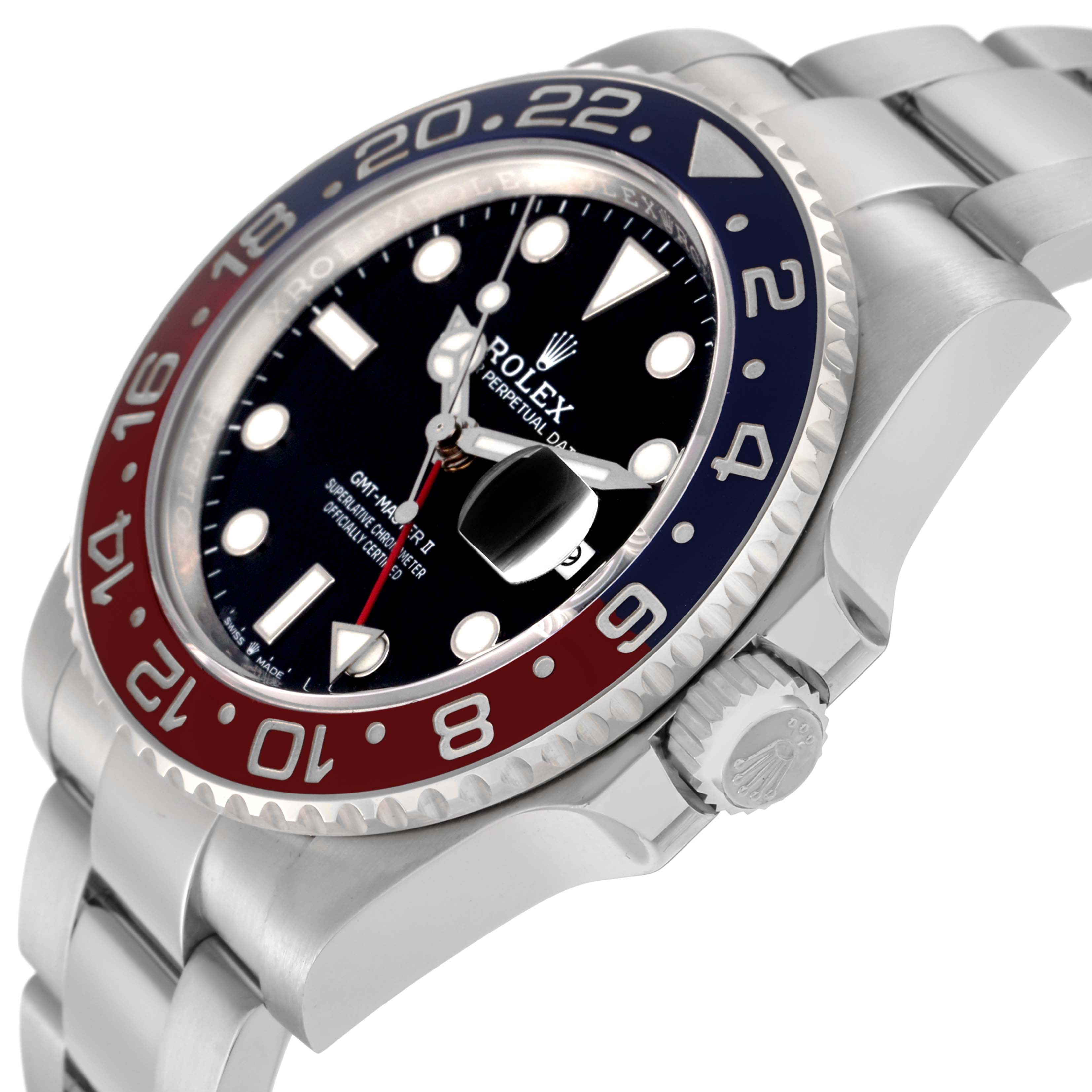 The Rolex GMT-Master 126710BLRO Men
s Stainless Steel Black Dial 126710BLRO Men
s Stainless Steel Black Dial watch is shown at an angle highlighting the bezel, dial, crown, and part of the bracelet.